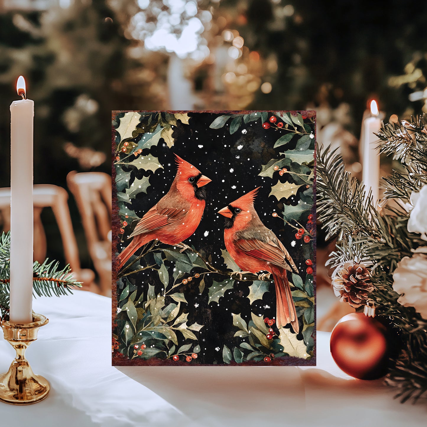 15in Christmas Cardinals Table Decor | Holiday Tabletop Decoration | Wooden Indoor Party Decor | 15x12in
