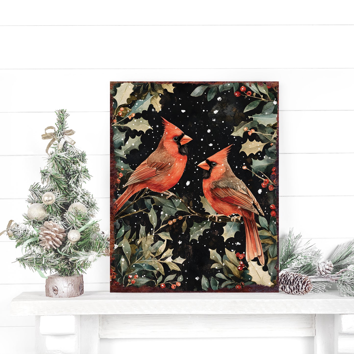 15in Christmas Cardinals Table Decor | Holiday Tabletop Decoration | Wooden Indoor Party Decor | 15x12in