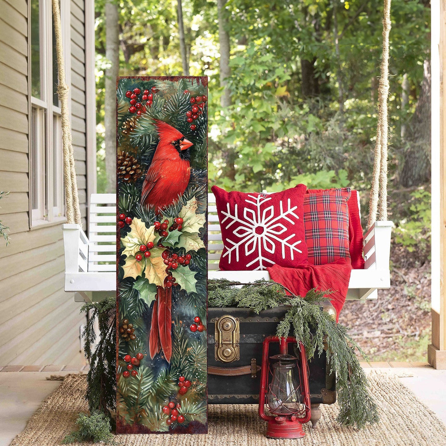 Christmas & New Year Porch Sign | Rustic Cardinal Holly Wood Door Decor