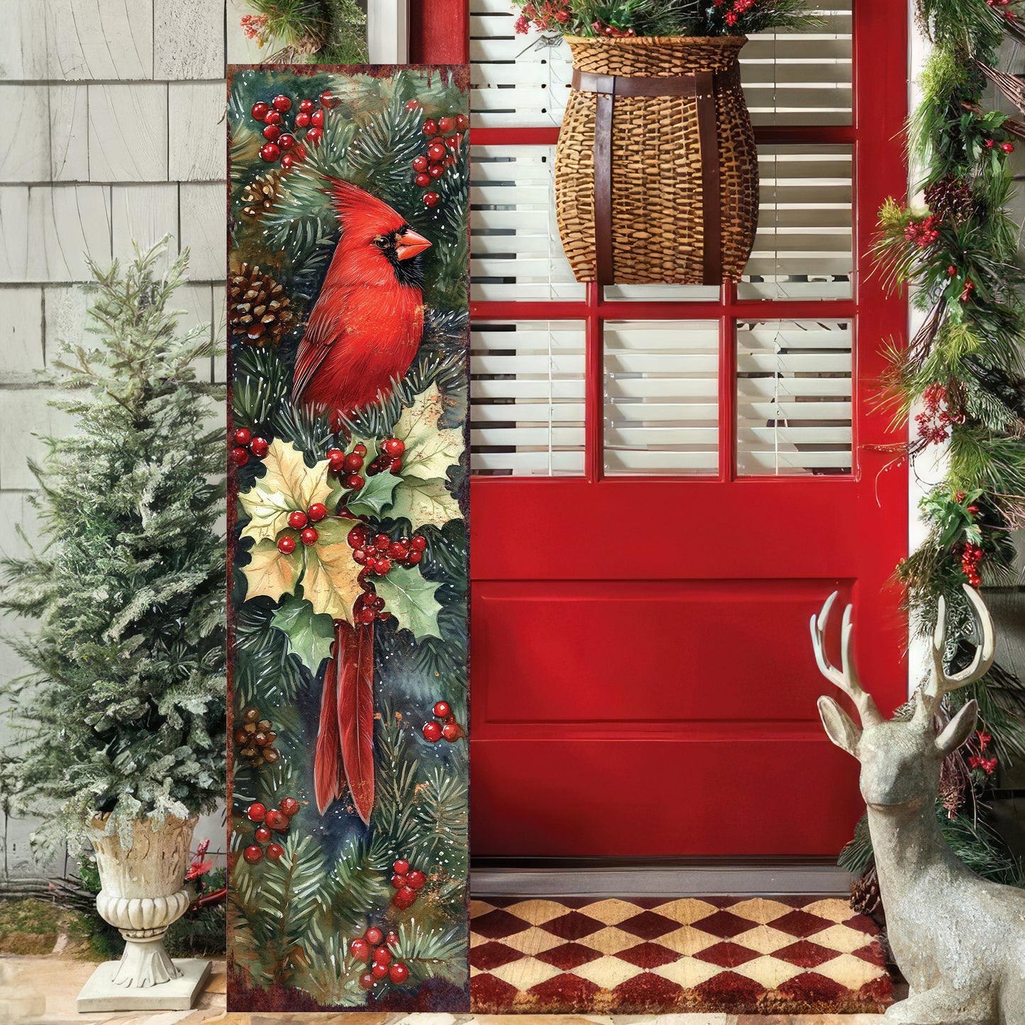 Christmas & New Year Porch Sign | Rustic Cardinal Holly Wood Door Decor