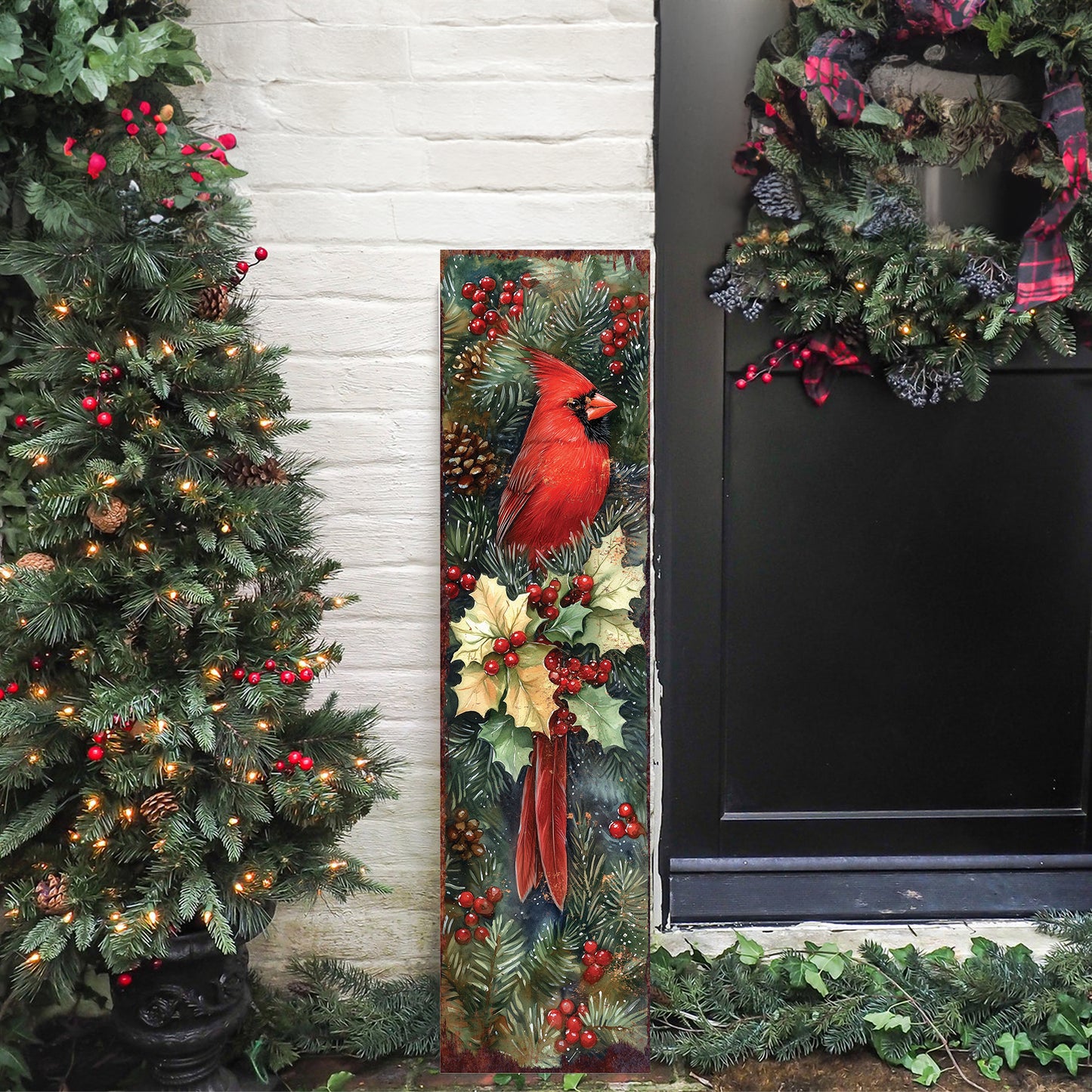 Christmas & New Year Porch Sign | Rustic Cardinal Holly Wood Door Decor