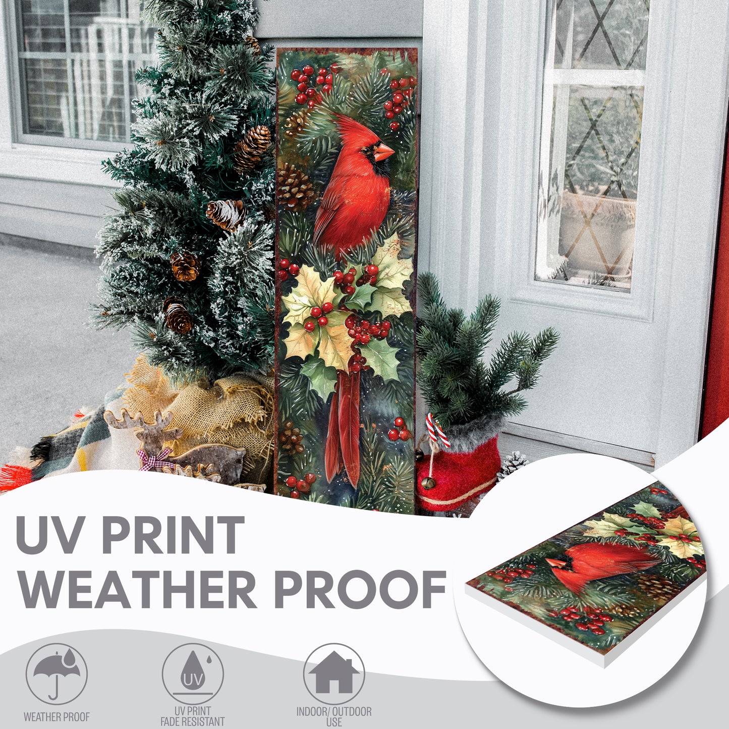 Christmas & New Year Porch Sign | Rustic Cardinal Holly Wood Door Decor