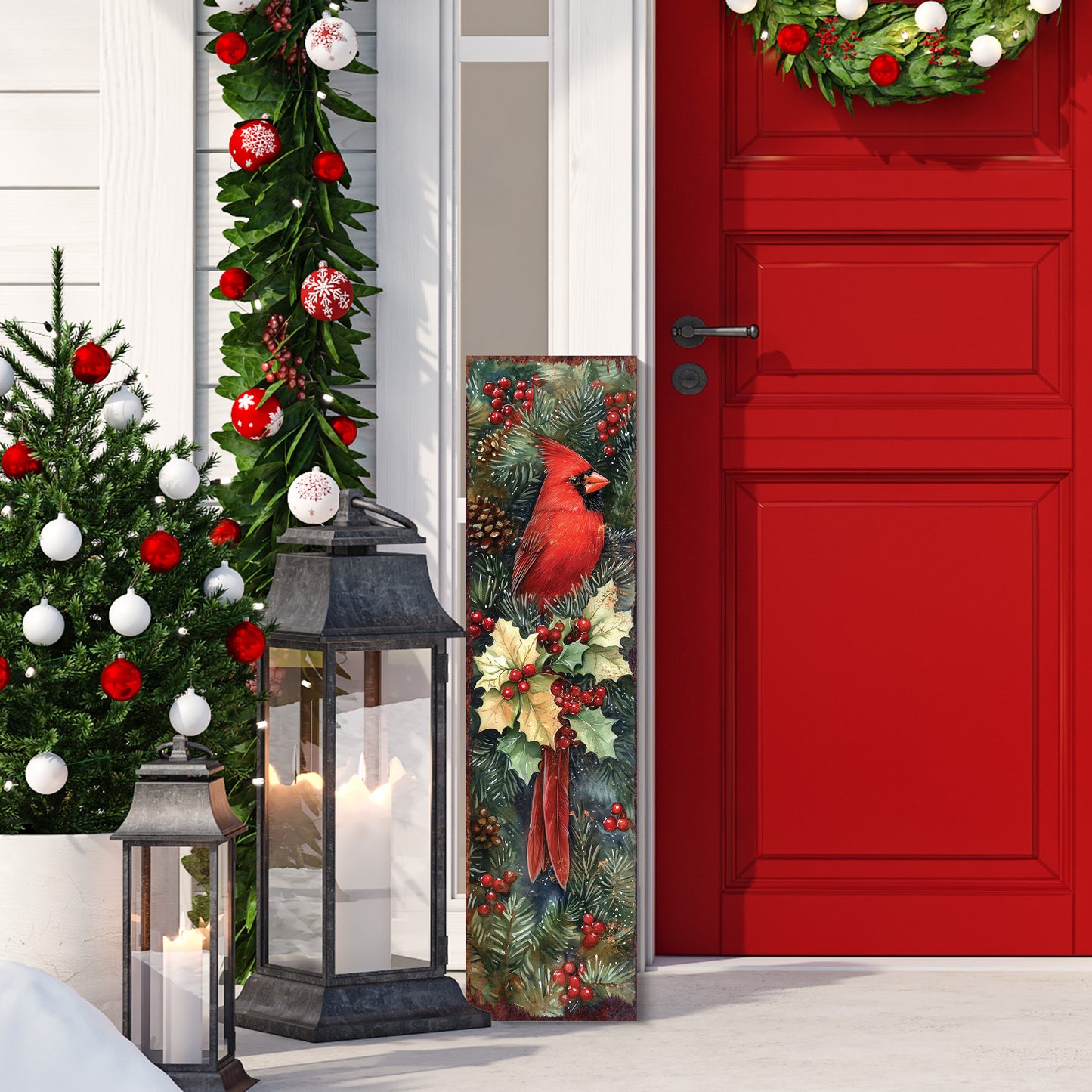 Christmas & New Year Porch Sign | Rustic Cardinal Holly Wood Door Decor