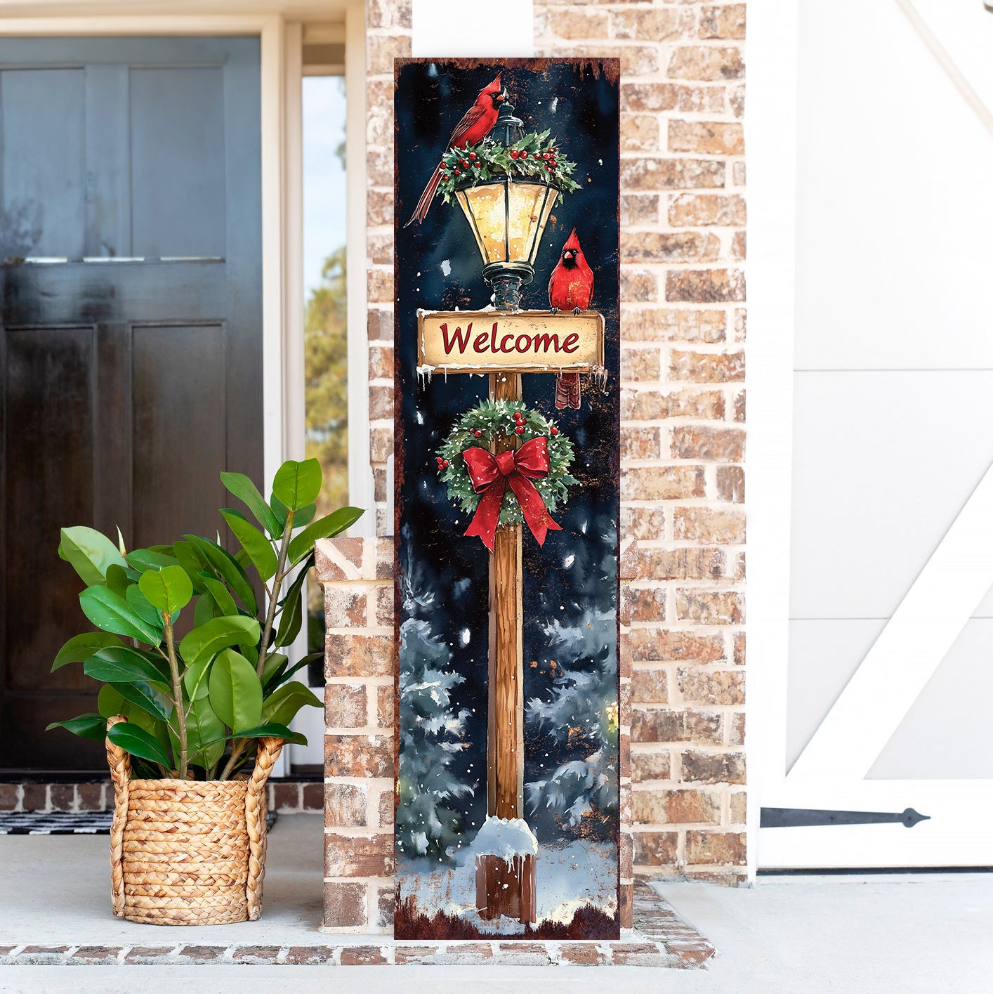 Christmas Welcome Porch Sign – Rustic Holiday Front Porch Decoration with Cardinals, Lantern, and Wreath | Farmhouse Winter Outdoor Décor for Patio, Garden & Entryway