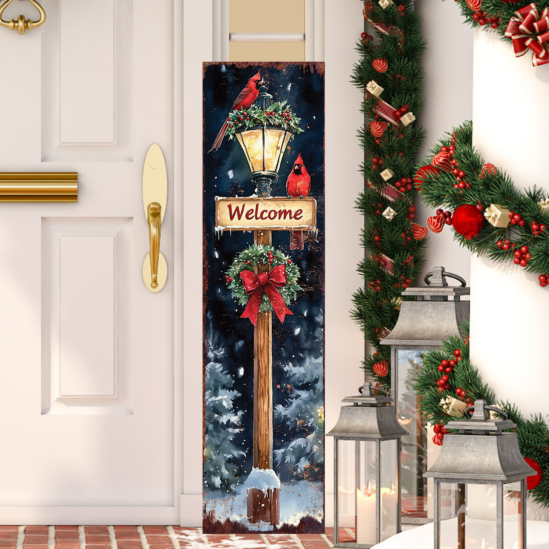 Christmas Welcome Porch Sign – Rustic Holiday Front Porch Decoration with Cardinals, Lantern, and Wreath | Farmhouse Winter Outdoor Décor for Patio, Garden & Entryway