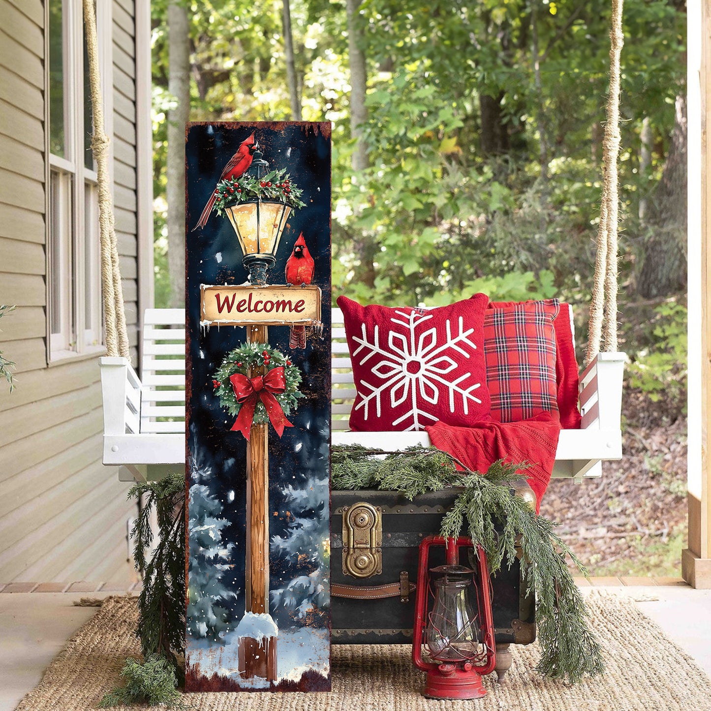 Christmas Welcome Porch Sign – Rustic Holiday Front Porch Decoration with Cardinals, Lantern, and Wreath | Farmhouse Winter Outdoor Décor for Patio, Garden & Entryway