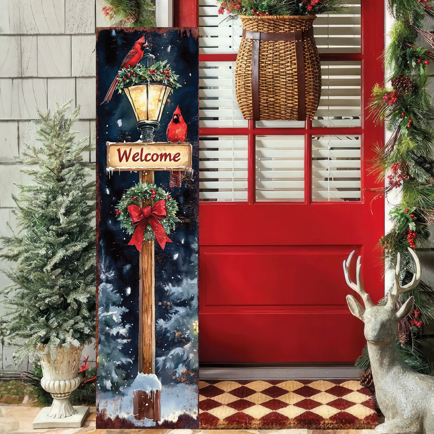 Christmas Welcome Porch Sign – Rustic Holiday Front Porch Decoration with Cardinals, Lantern, and Wreath | Farmhouse Winter Outdoor Décor for Patio, Garden & Entryway