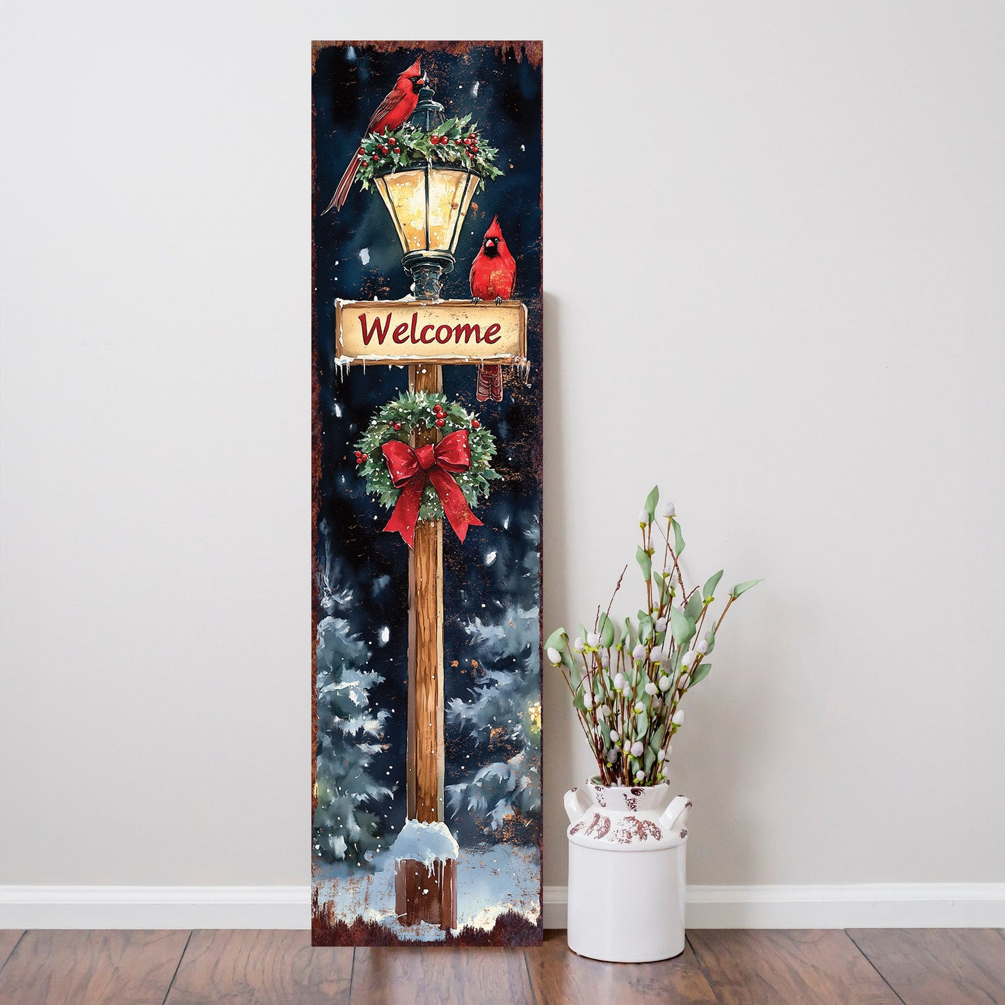 Christmas Welcome Porch Sign – Rustic Holiday Front Porch Decoration with Cardinals, Lantern, and Wreath | Farmhouse Winter Outdoor Décor for Patio, Garden & Entryway