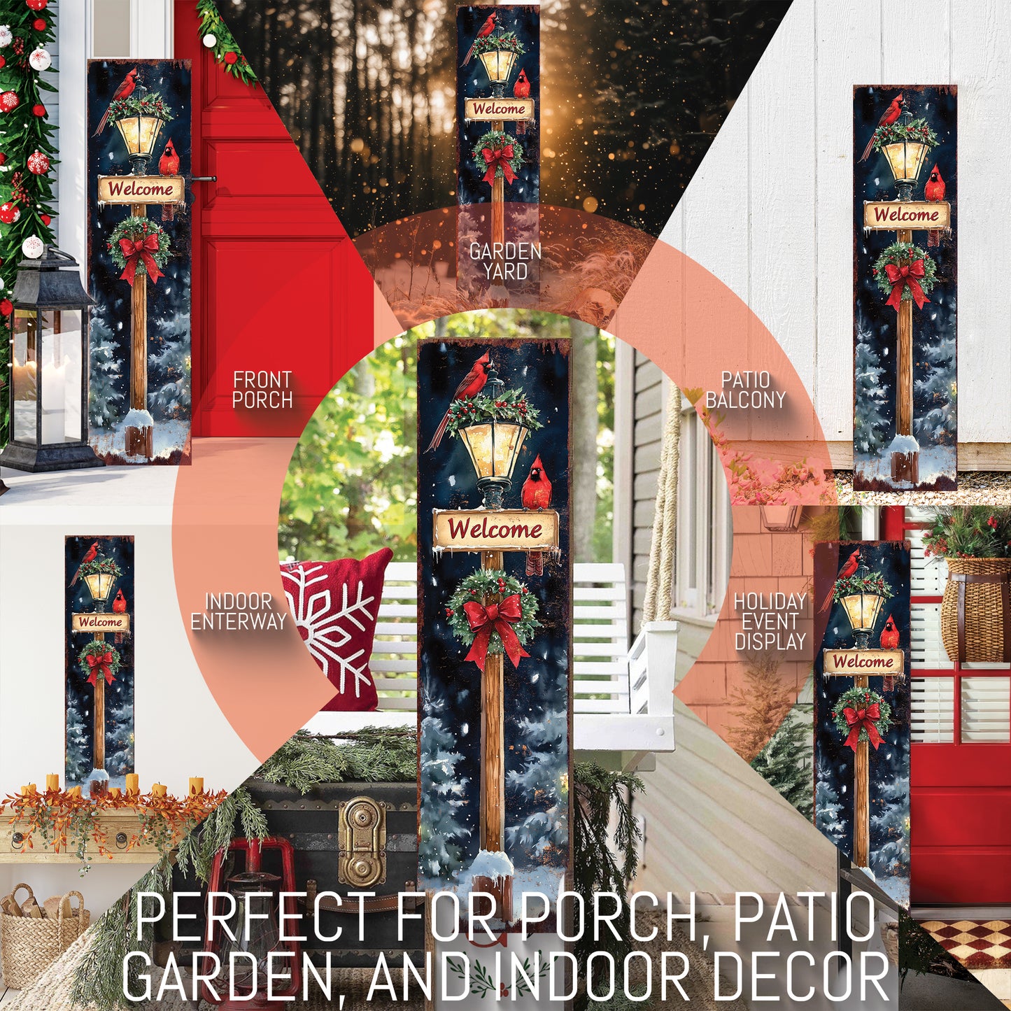 Christmas Welcome Porch Sign – Rustic Holiday Front Porch Decoration with Cardinals, Lantern, and Wreath | Farmhouse Winter Outdoor Décor for Patio, Garden & Entryway