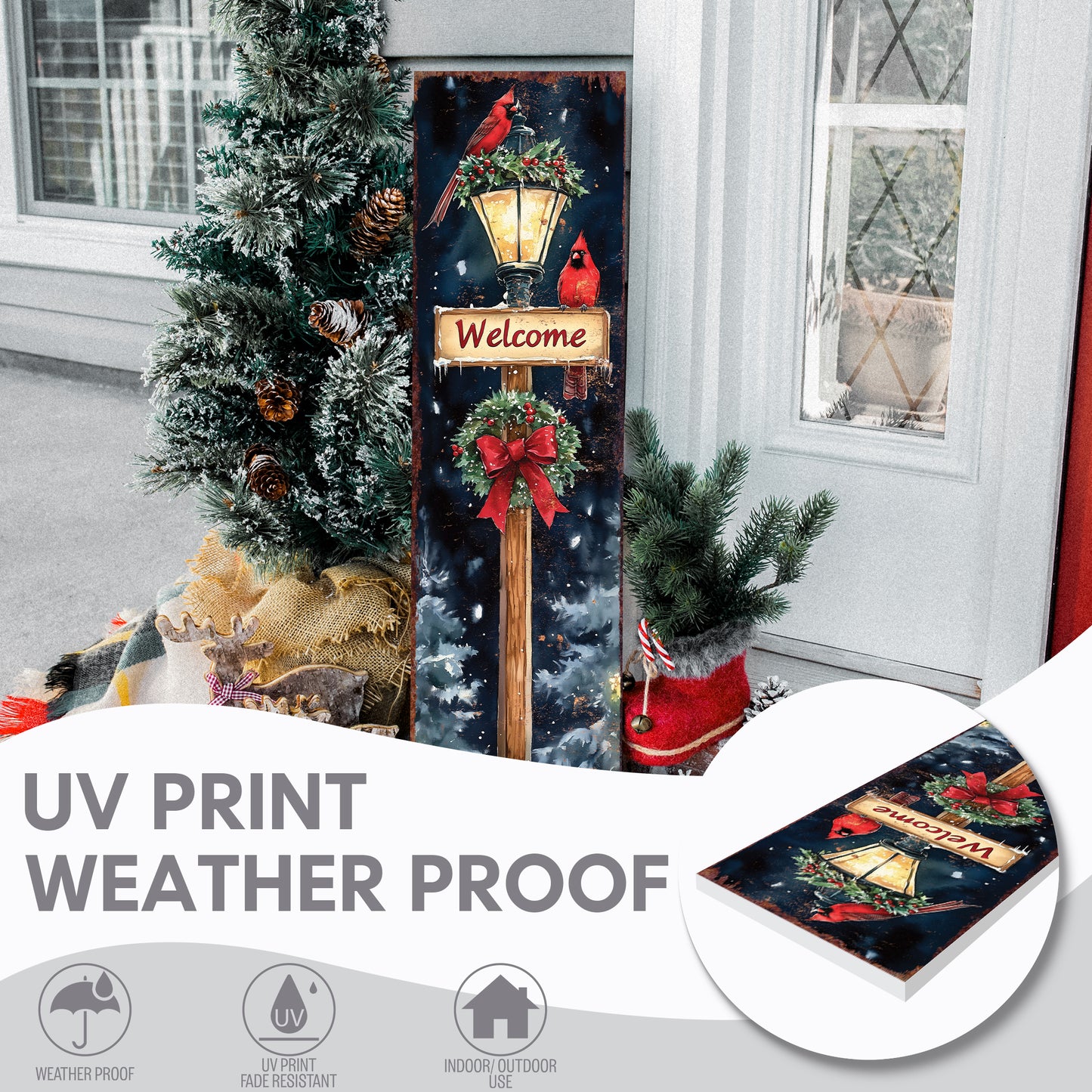 Christmas Welcome Porch Sign – Rustic Holiday Front Porch Decoration with Cardinals, Lantern, and Wreath | Farmhouse Winter Outdoor Décor for Patio, Garden & Entryway