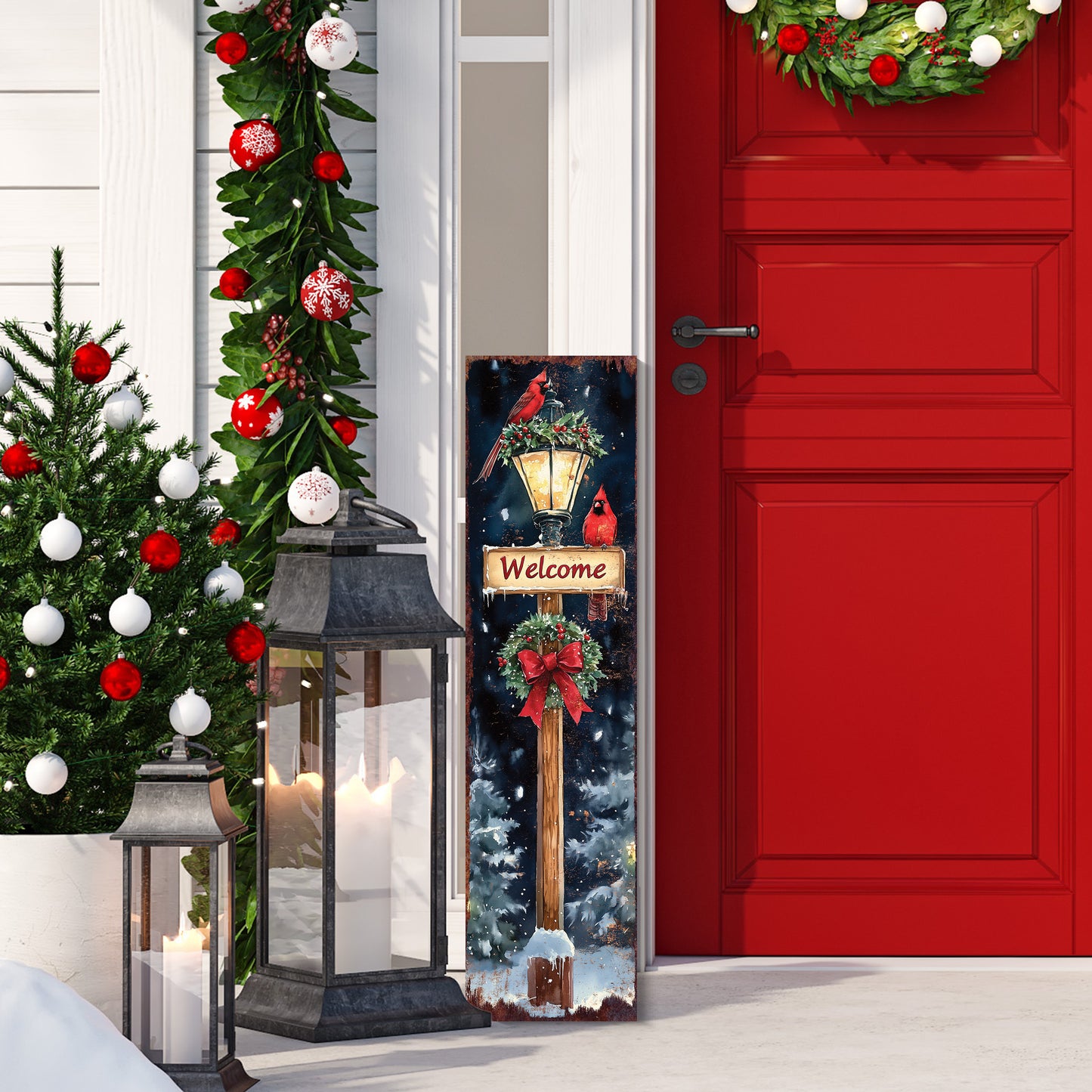 Christmas Welcome Porch Sign – Rustic Holiday Front Porch Decoration with Cardinals, Lantern, and Wreath | Farmhouse Winter Outdoor Décor for Patio, Garden & Entryway