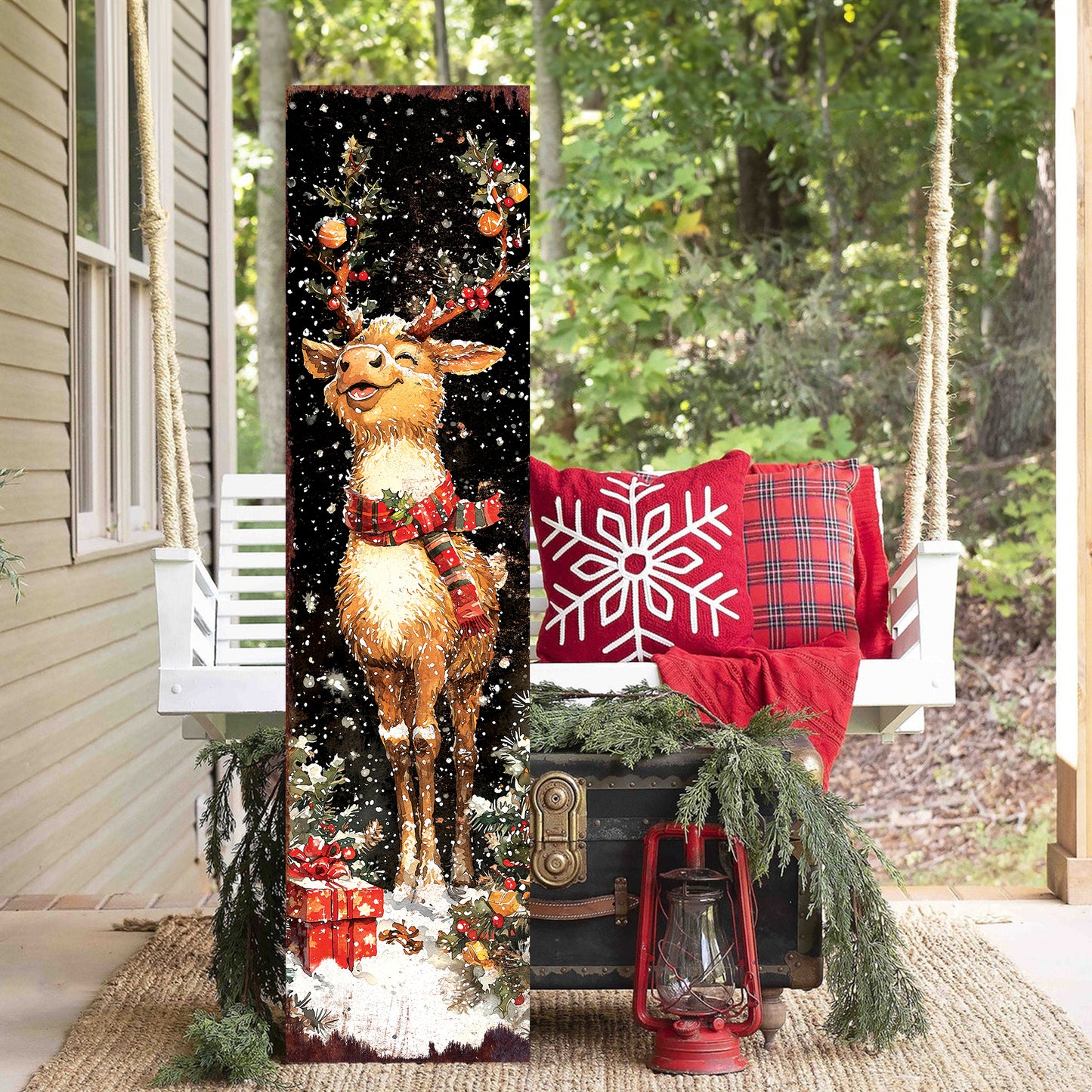 Rudolph Christmas Porch Sign | Front Porch Holiday Plaque | Winter Entryway Decor | Wood, UV Print