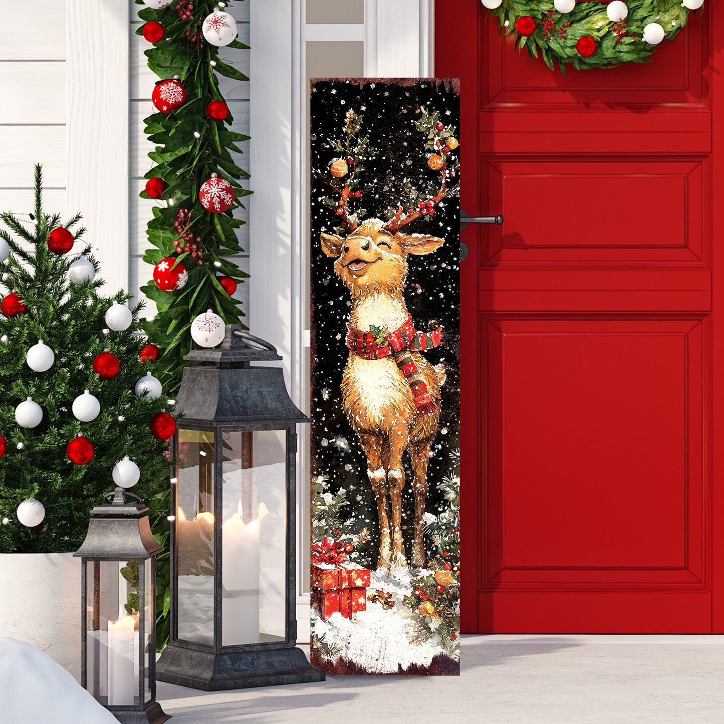 Rudolph Christmas Porch Sign | Front Porch Holiday Plaque | Winter Entryway Decor | Wood, UV Print