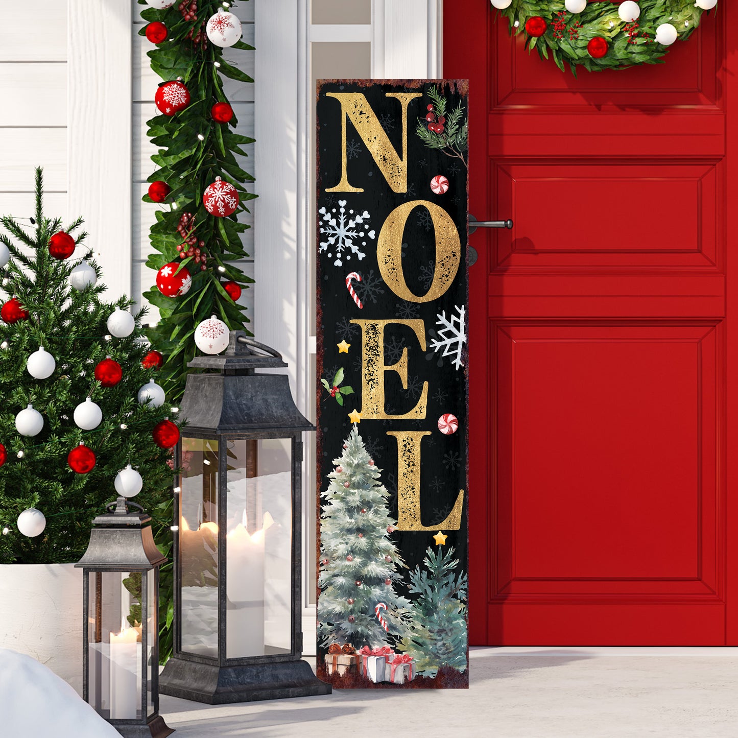 JOY/NOEL Christmas Porch Sign | Front Porch Welcome Sign | Holiday Entryway Decor | Wood, UV Print