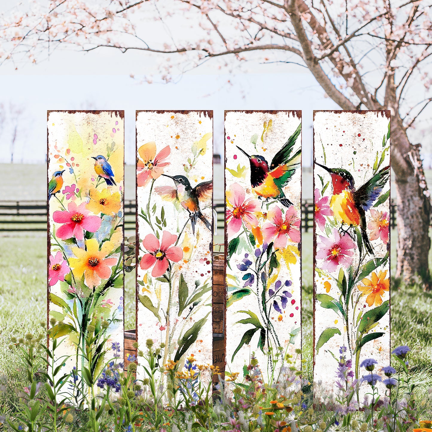 Spring Watercolor Wildflower Porch Sign | Hummingbird Wooden Entryway Decor | Rustic Outdoor Farmhouse Sign | 3 Sizes & Patterns