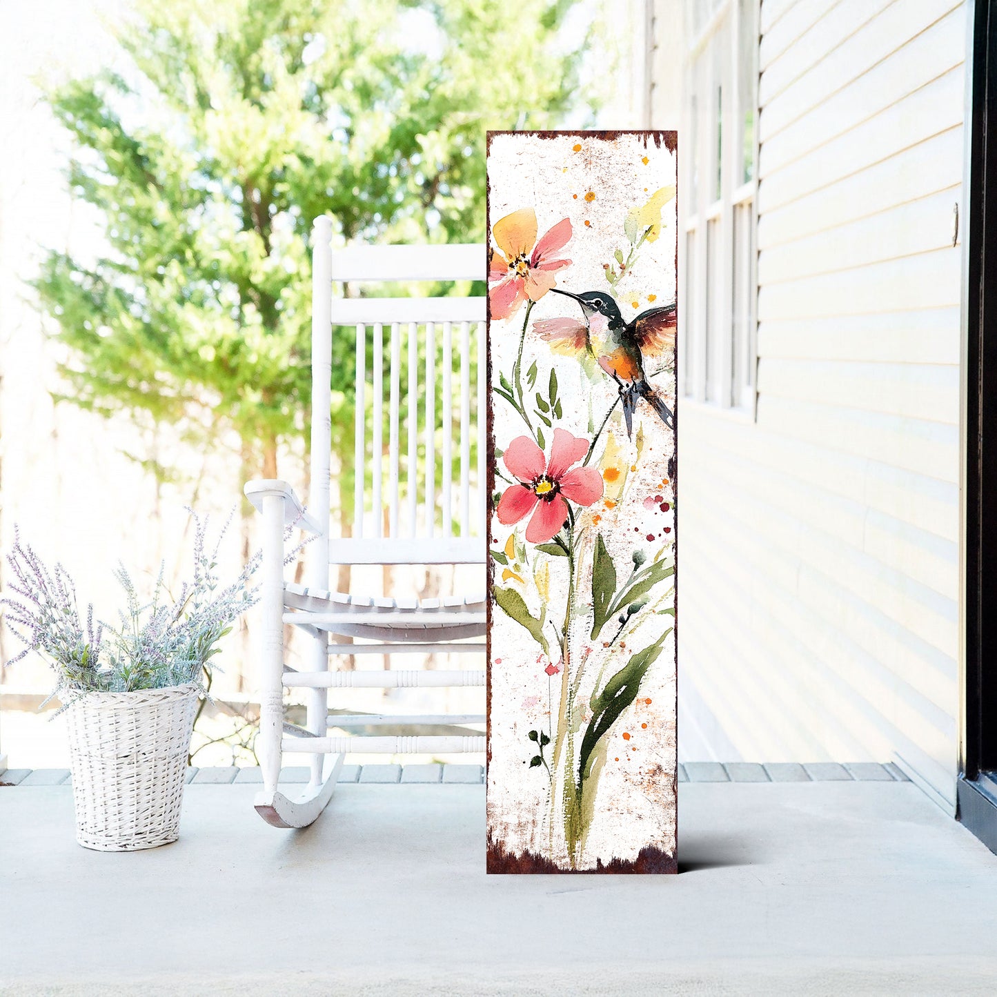 Spring Watercolor Wildflower Porch Sign | Hummingbird Wooden Entryway Decor | Rustic Outdoor Farmhouse Sign | 3 Sizes & Patterns