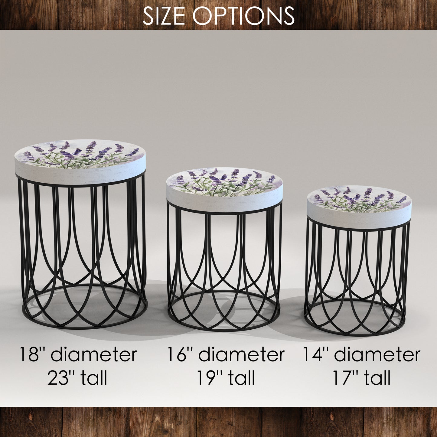 Spring Lavender Accent Table | Round End Table for Indoor | UV Print Side Table | Wood & Metal | Spring Botanicals Design | 3 Sizes