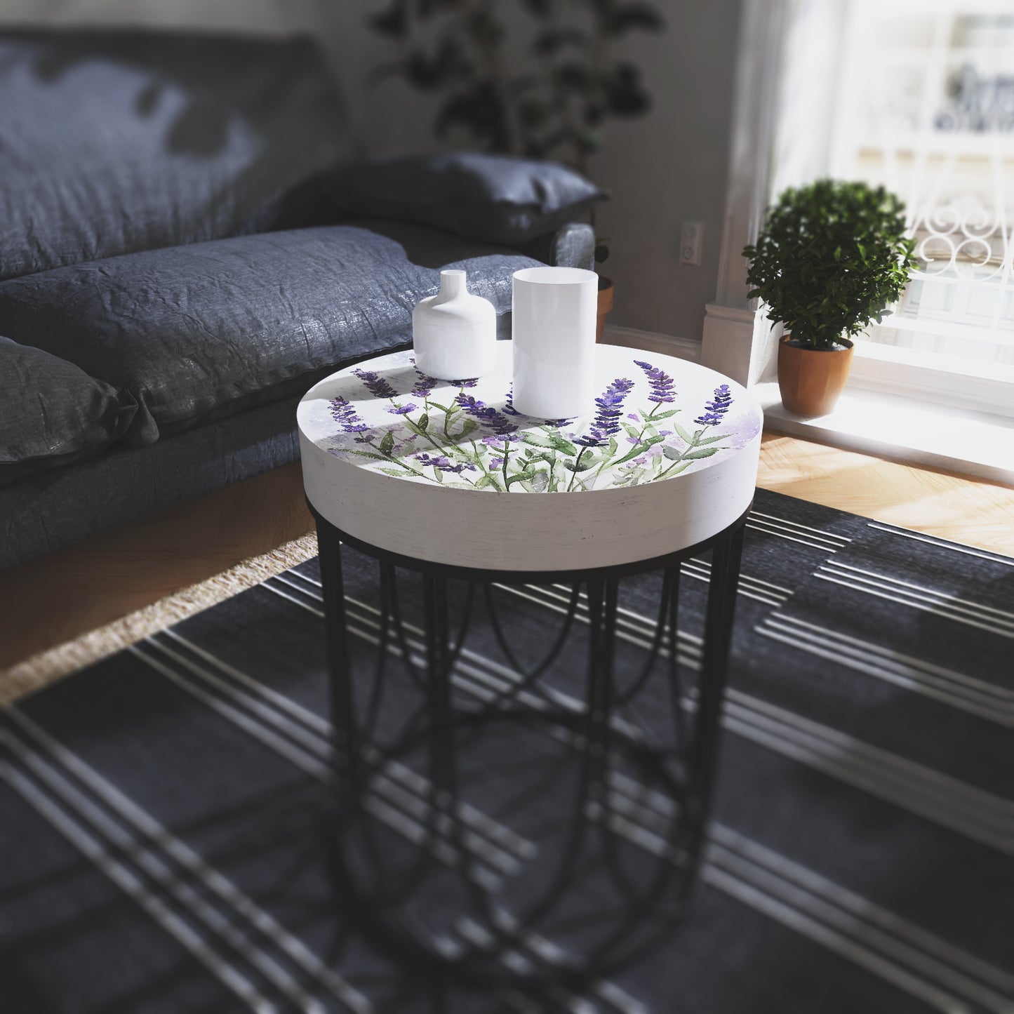Spring Lavender Accent Table | Round End Table for Indoor | UV Print Side Table | Wood & Metal | Spring Botanicals Design | 3 Sizes
