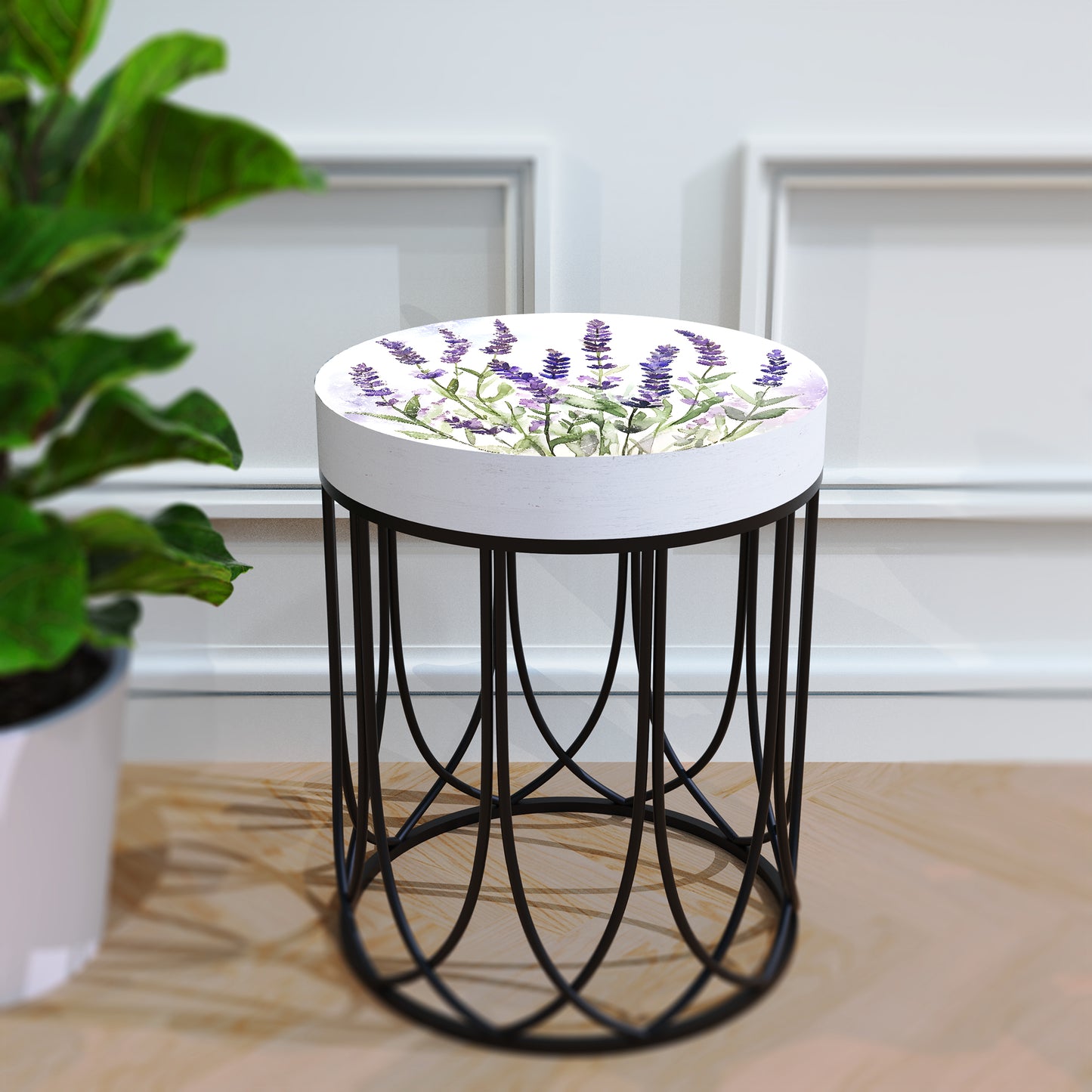 Spring Lavender Accent Table | Round End Table for Indoor | UV Print Side Table | Wood & Metal | Spring Botanicals Design | 3 Sizes