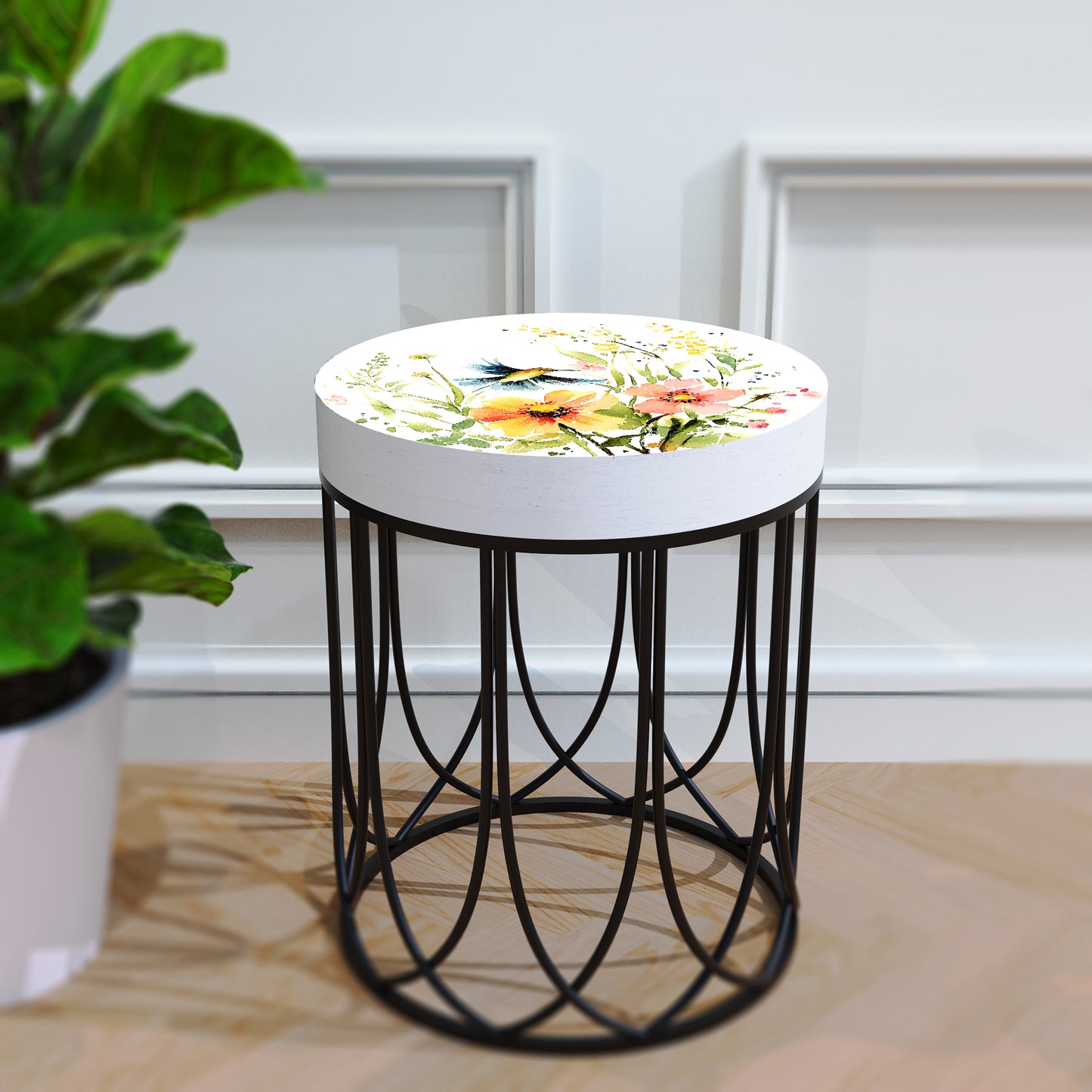Spring Hummingbird Wildflowers Accent Table | Round End Table for Indoor | UV Print Side Table | Wood & Metal | Spring Botanicals | 3 Sizes