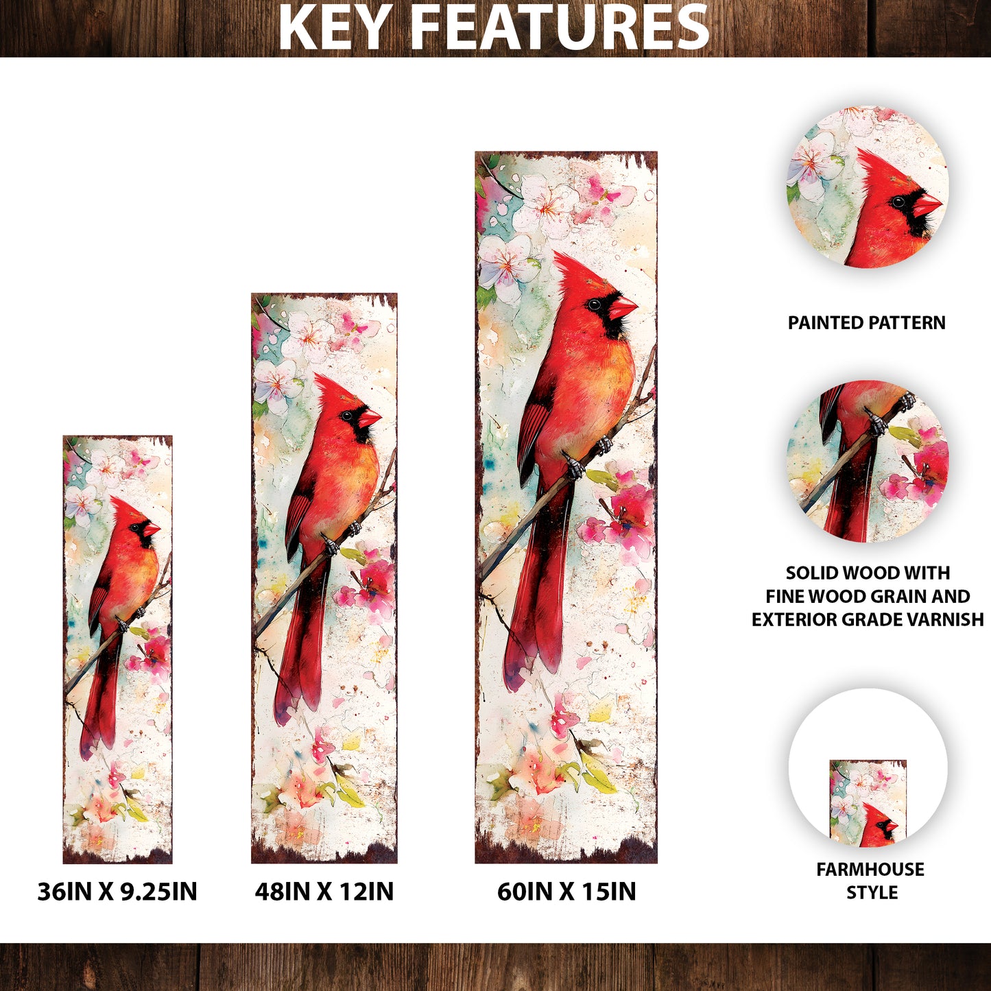 Spring Cardinal Porch Sign | Wooden Entryway Decor | UV Print | Front Porch Plaque | Wildflowers Design | 3 Sizes