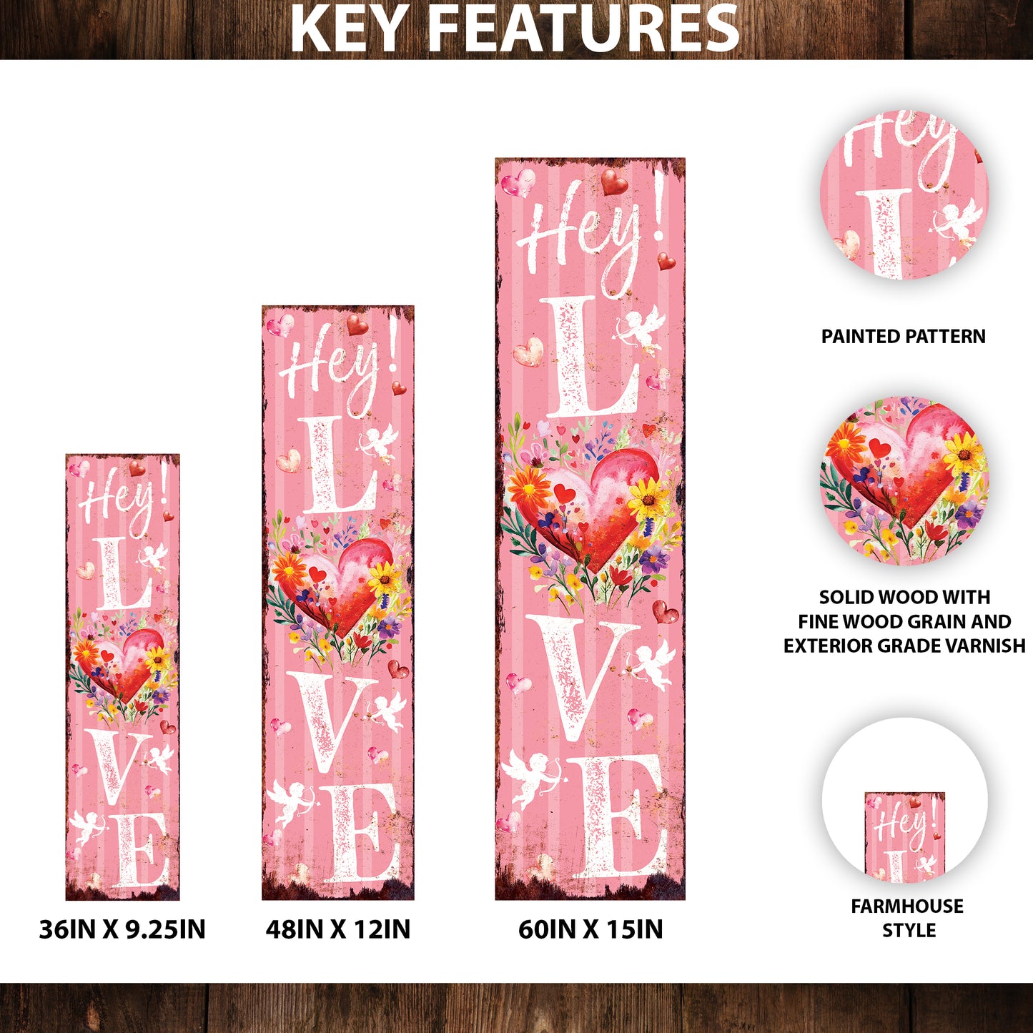 Hey! Love Valentine’s Day Porch Sign | Wooden Entryway Decor | UV Print | Front Porch Plaque | Romantic Home Decor | 3 Sizes