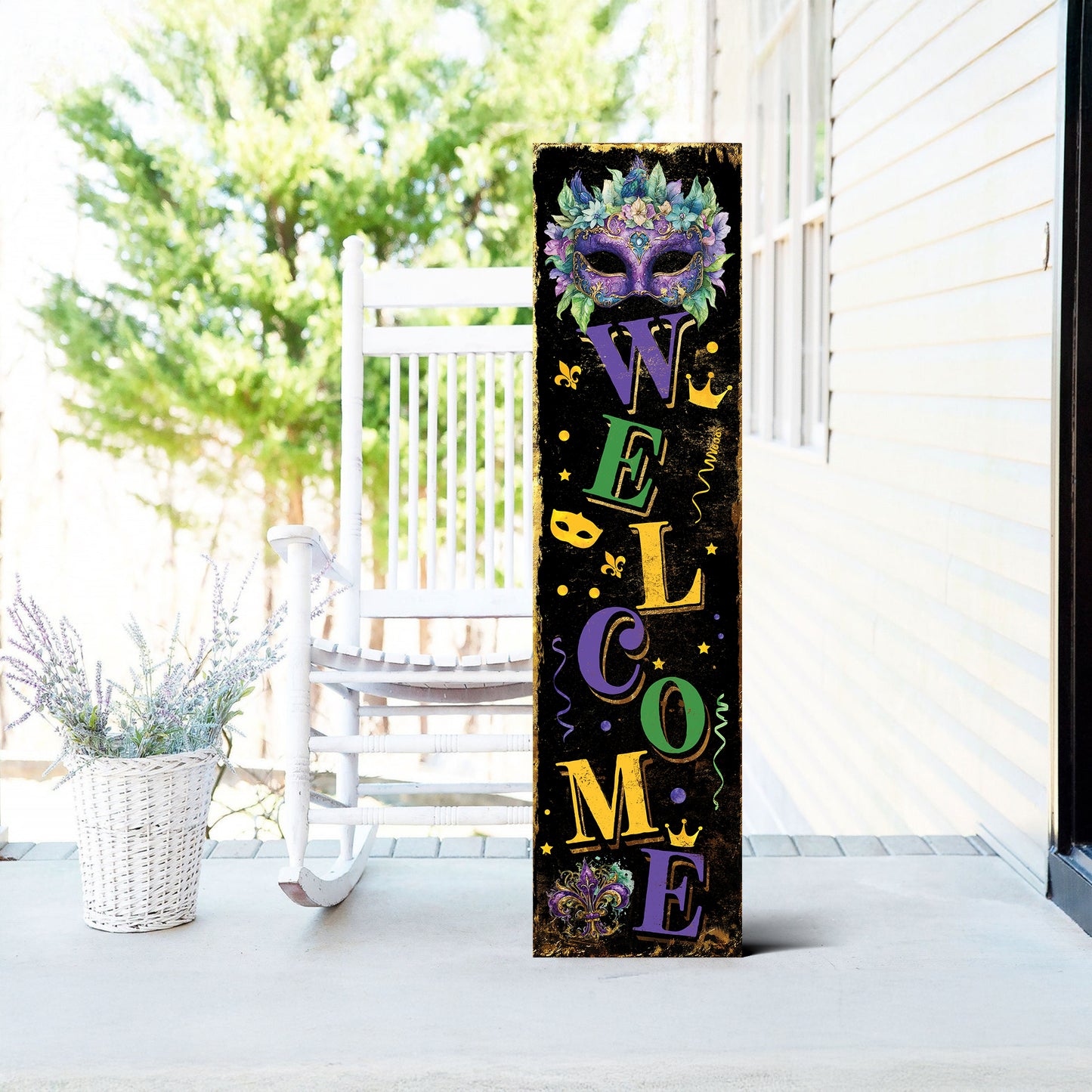 Welcome Mardi Gras Porch Sign | Wooden Entryway Decor | UV Print | Front Porch Plaque | Festive Mardi Gras Decor | 3 Sizes