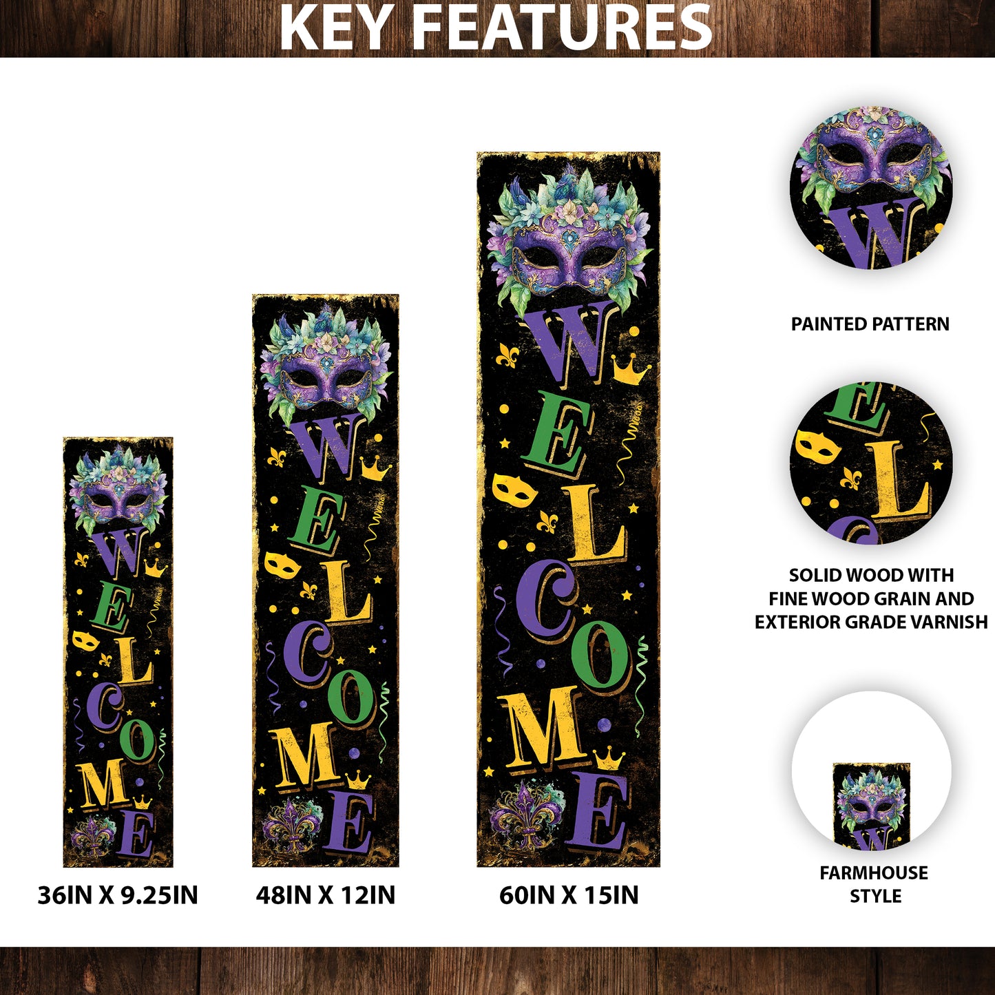 Welcome Mardi Gras Porch Sign | Wooden Entryway Decor | UV Print | Front Porch Plaque | Festive Mardi Gras Decor | 3 Sizes