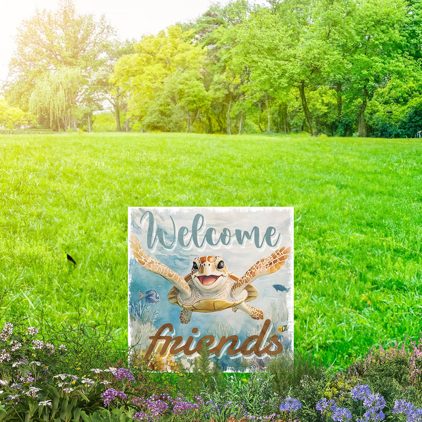 Ocean Turtle Garden Stake | UV Print | Coastal Welcome Sign for Garden Yard Decor | Beach Outdoor Decoration | 2 Sizes