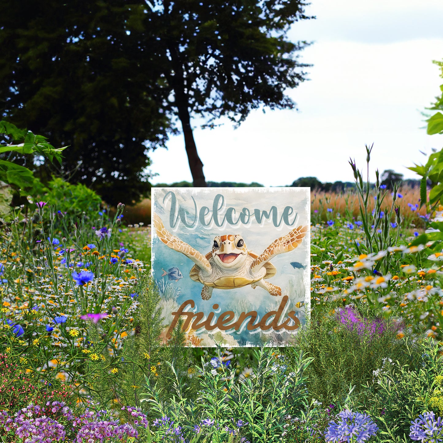 Ocean Turtle Garden Stake | UV Print | Coastal Welcome Sign for Garden Yard Decor | Beach Outdoor Decoration | 2 Sizes