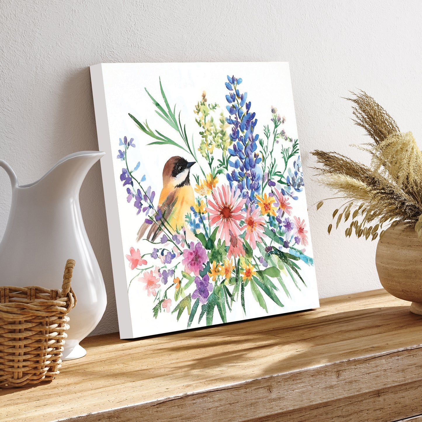 Summer Chickadee Wildflowers Wall Art | UV Print Canvas | Nature-Inspired Home Décor | 3 Sizes Available | Floral Bird Design