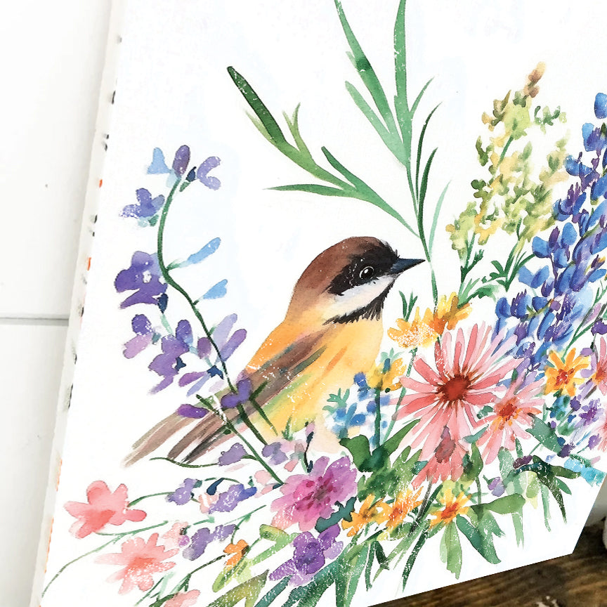 Summer Chickadee Wildflowers Wall Art | UV Print Canvas | Nature-Inspired Home Décor | 3 Sizes Available | Floral Bird Design