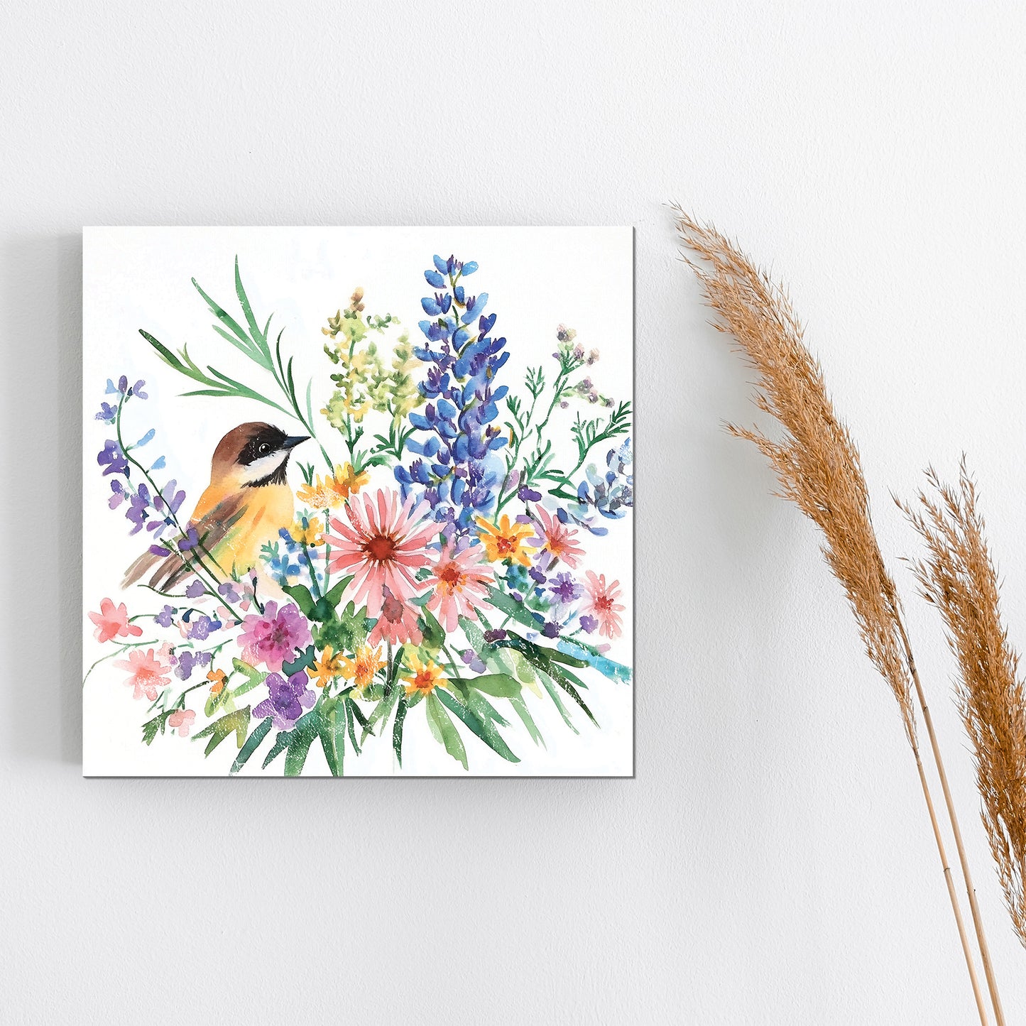 Summer Chickadee Wildflowers Wall Art | UV Print Canvas | Nature-Inspired Home Décor | 3 Sizes Available | Floral Bird Design