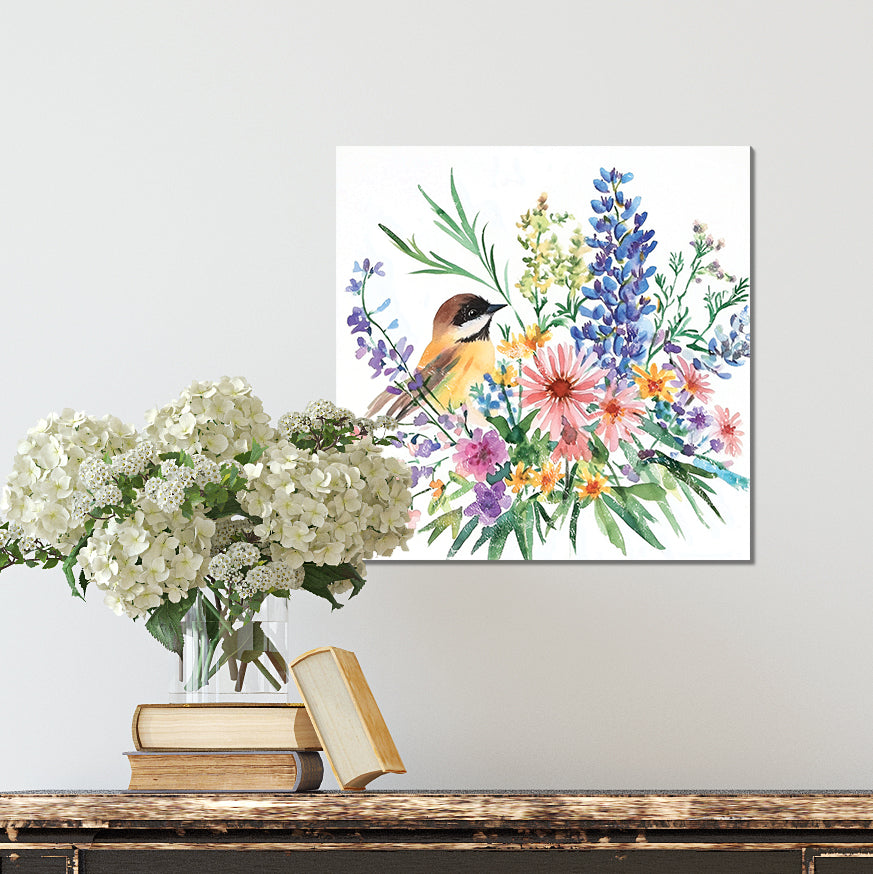 Summer Chickadee Wildflowers Wall Art | UV Print Canvas | Nature-Inspired Home Décor | 3 Sizes Available | Floral Bird Design