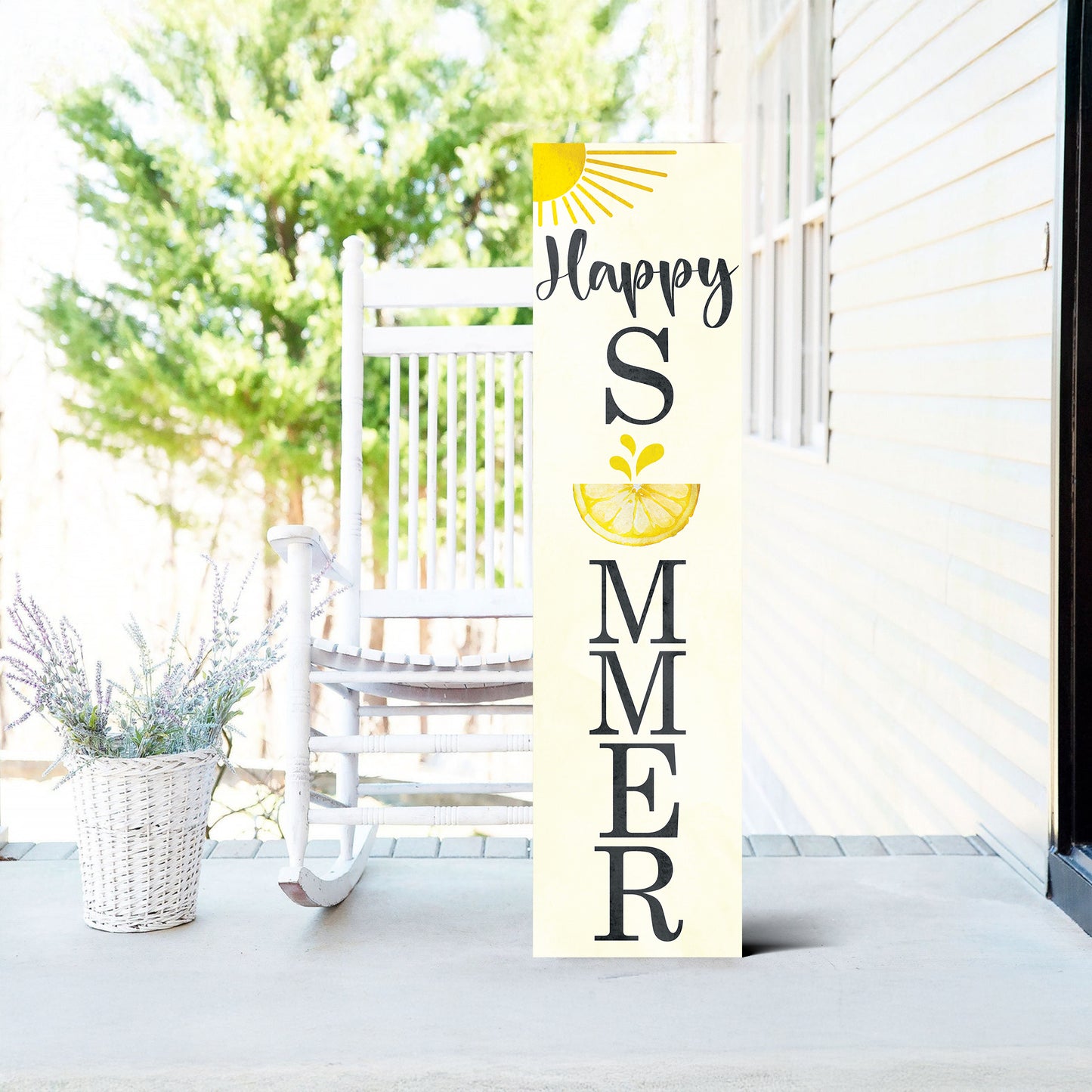 Happy Summer Lemon Porch Sign | Front Door Decor with Sun & Lemon Design | Farmhouse Style Summer Wall Hanging | 3 Sizes Available