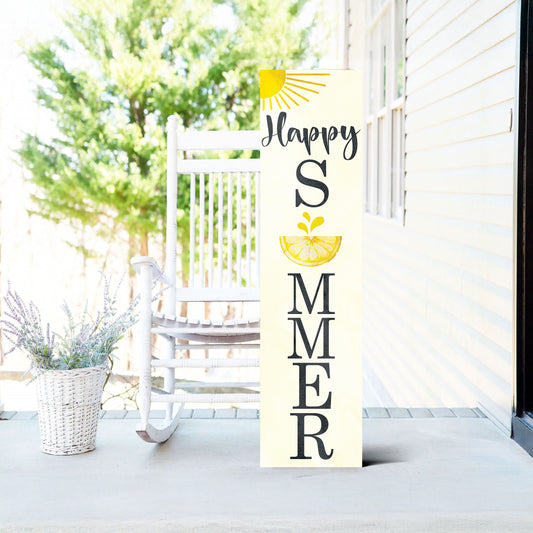 Happy Summer Lemon Porch Sign | Front Door Decor with Sun & Lemon Design | Farmhouse Style Summer Wall Hanging | 3 Sizes Available