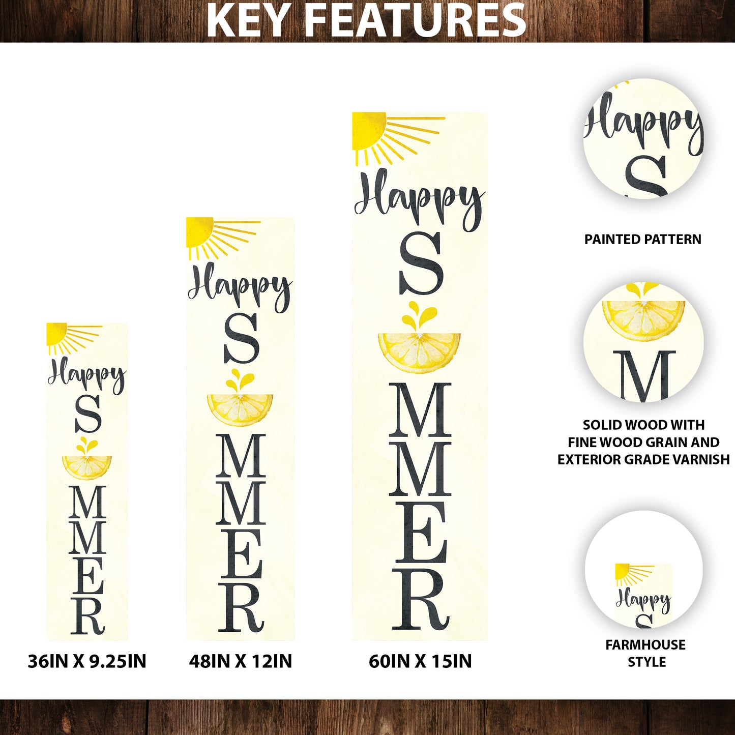 Happy Summer Lemon Porch Sign | Front Door Decor with Sun & Lemon Design | Farmhouse Style Summer Wall Hanging | 3 Sizes Available