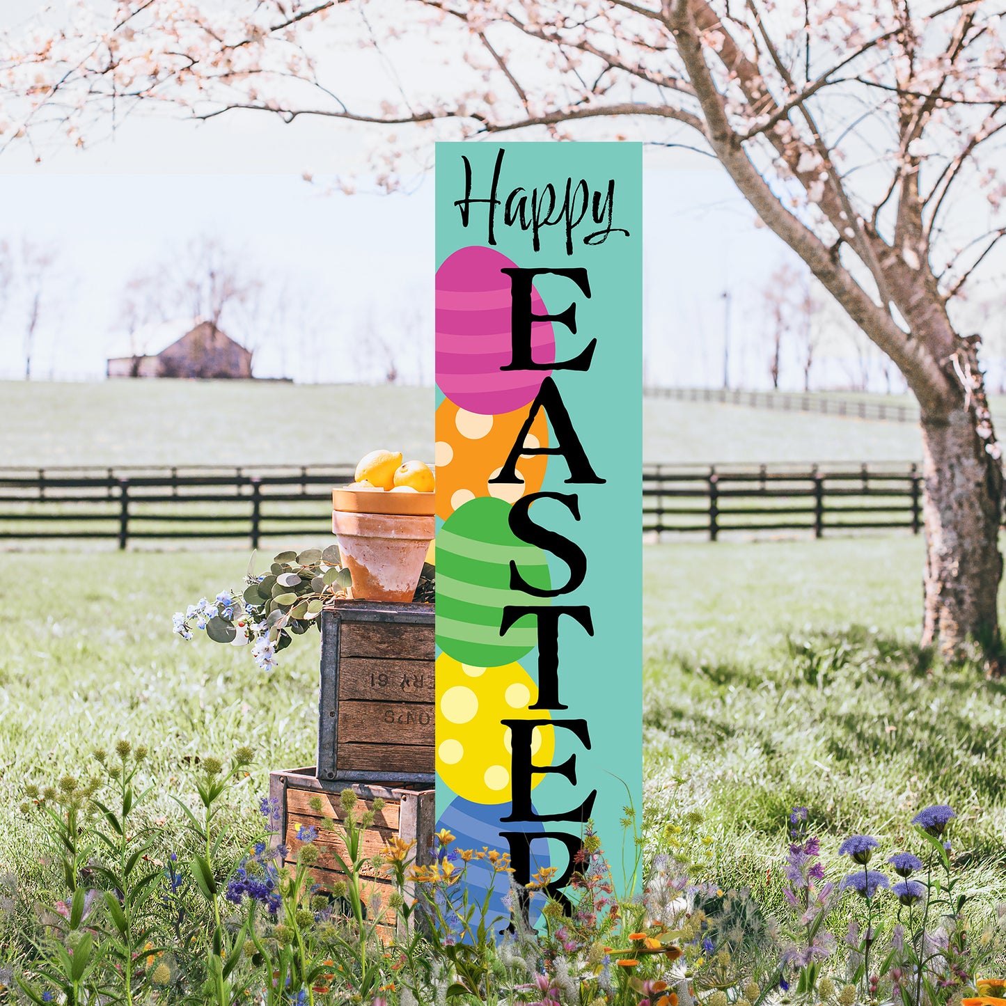 Happy Easter Porch Sign with Easter Eggs Design | Front Door Decor | Farmhouse Entryway Decoration | 3 Sizes Available