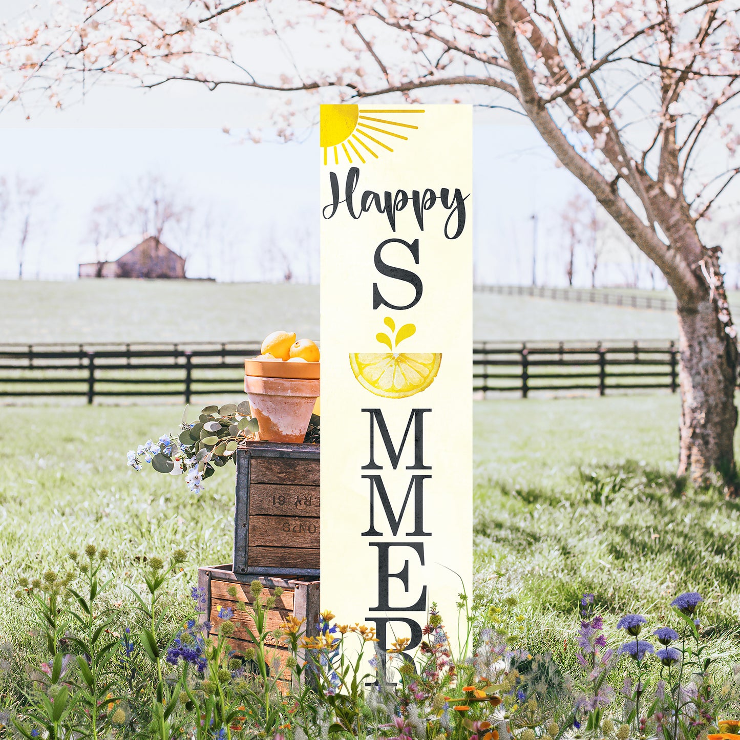 Happy Summer Lemon Porch Sign | Front Door Decor with Sun & Lemon Design | Farmhouse Style Summer Wall Hanging | 3 Sizes Available