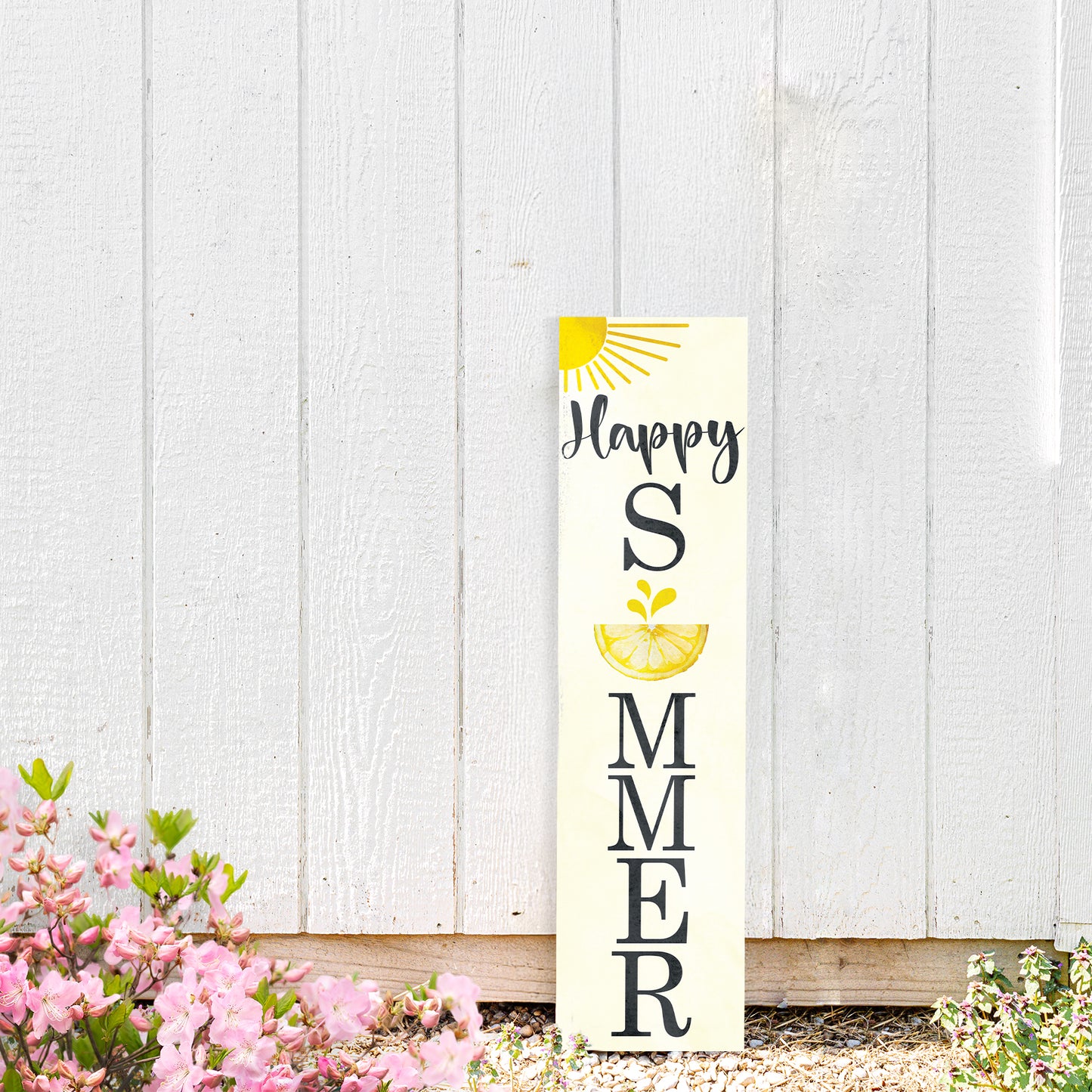 Happy Summer Lemon Porch Sign | Front Door Decor with Sun & Lemon Design | Farmhouse Style Summer Wall Hanging | 3 Sizes Available