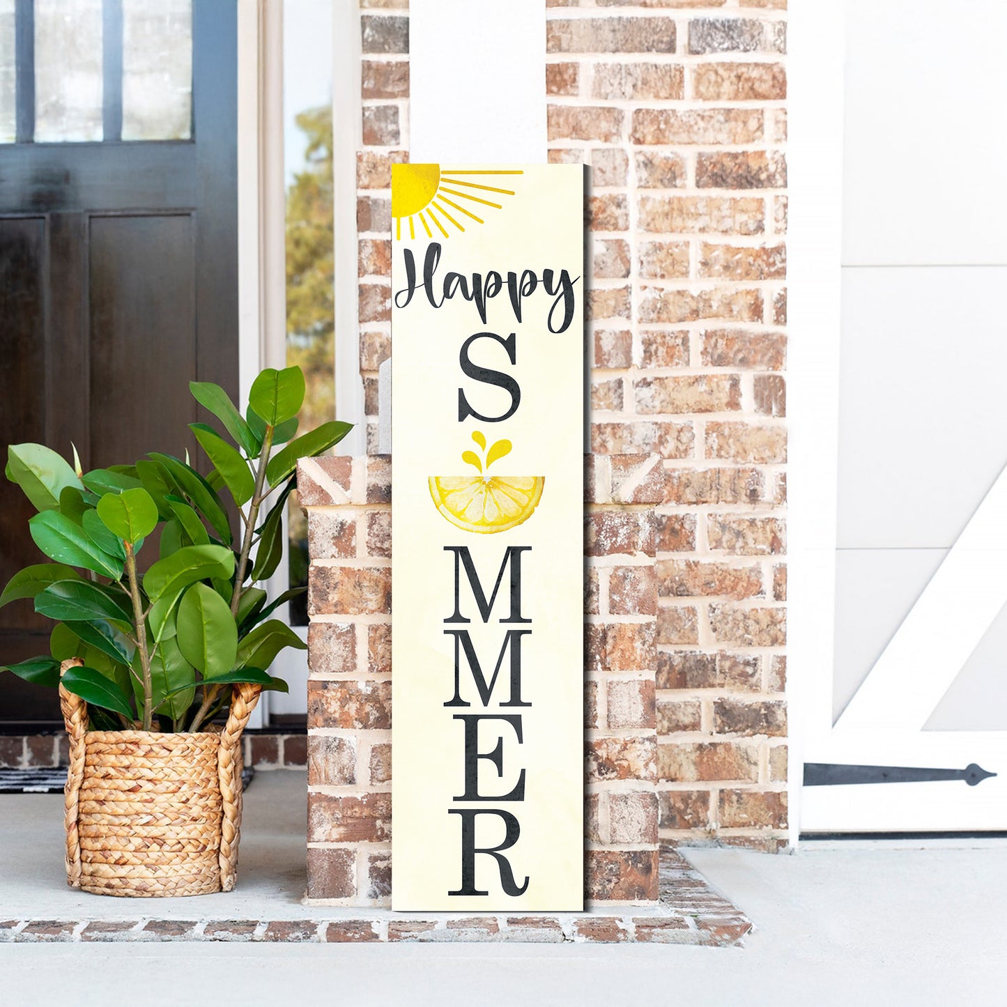 Happy Summer Lemon Porch Sign | Front Door Decor with Sun & Lemon Design | Farmhouse Style Summer Wall Hanging | 3 Sizes Available