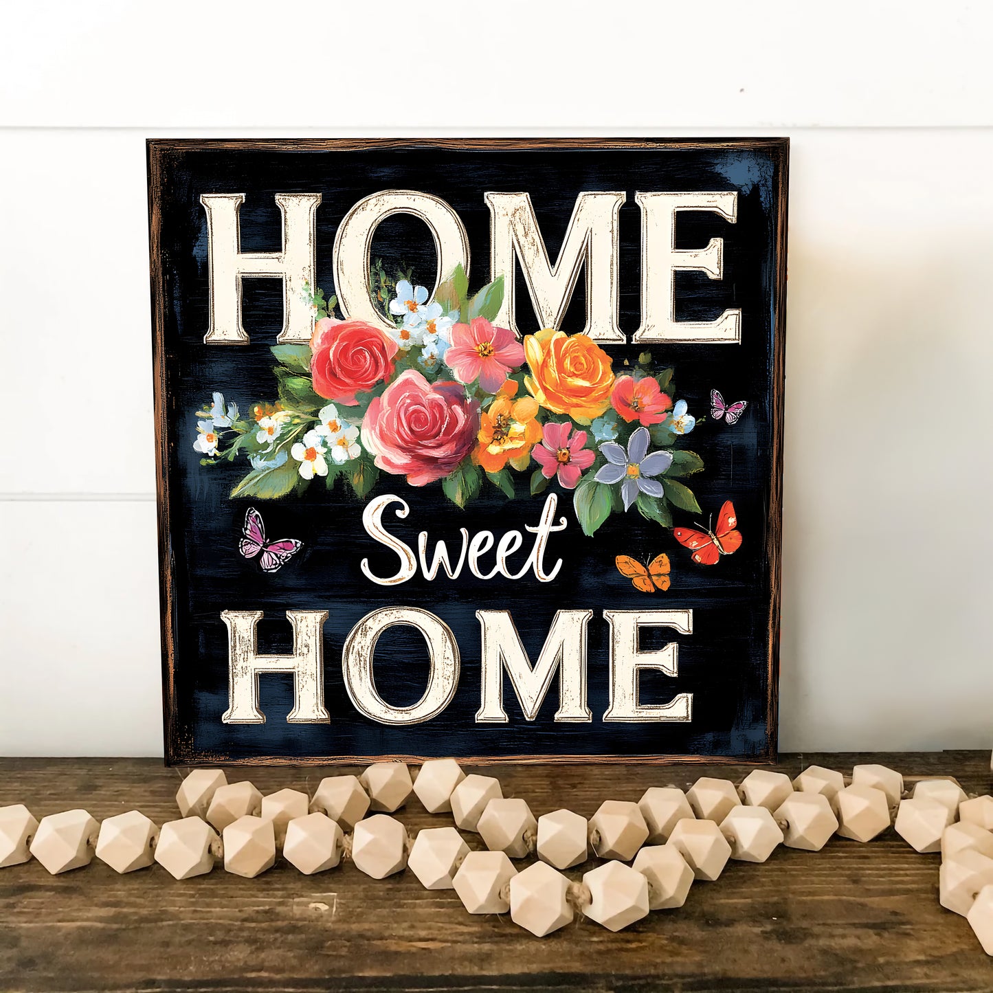 Spring Home Sweet Home Wall Decor with Floral & Butterfly Design | Rustic Farmhouse Style Canvas Art | 3 Sizes Available
