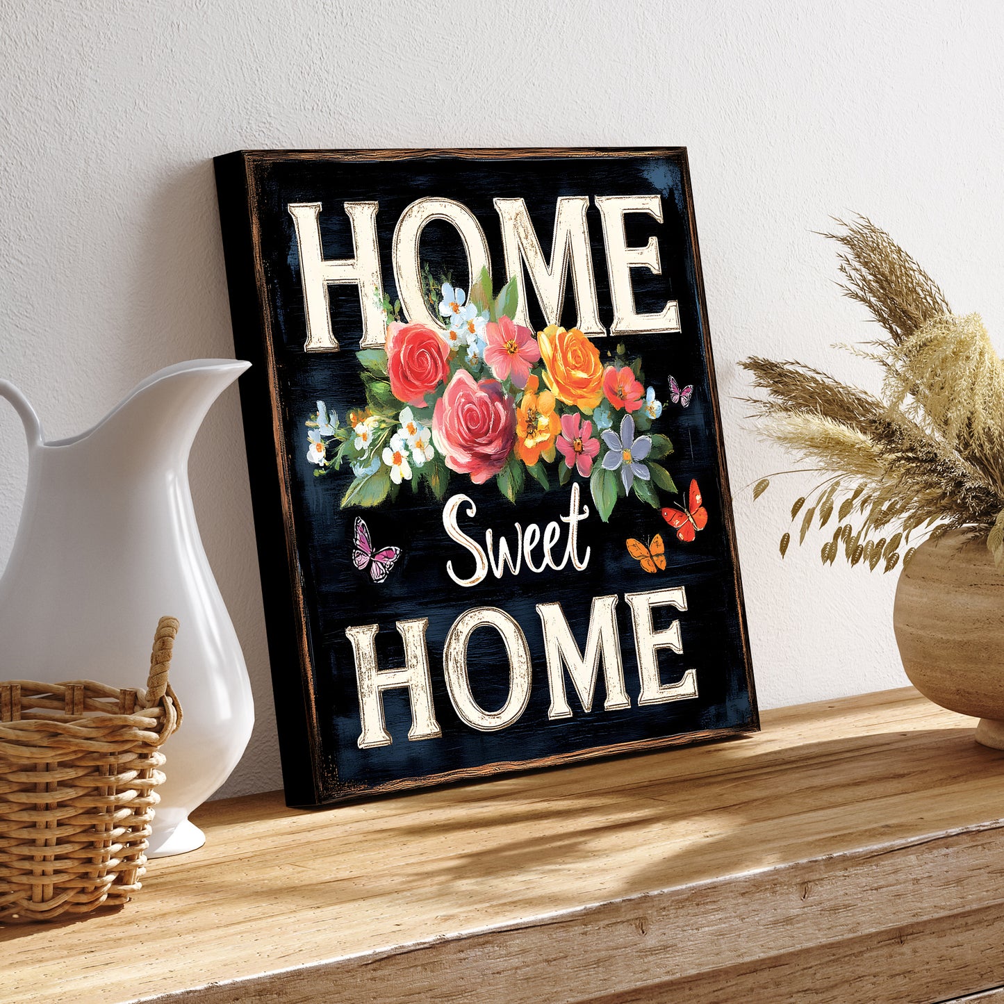 Spring Home Sweet Home Wall Decor with Floral & Butterfly Design | Rustic Farmhouse Style Canvas Art | 3 Sizes Available