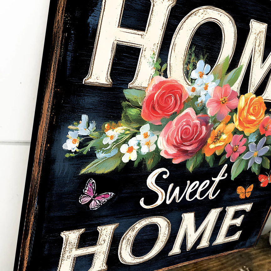 Spring Home Sweet Home Wall Decor with Floral & Butterfly Design | Rustic Farmhouse Style Canvas Art | 3 Sizes Available