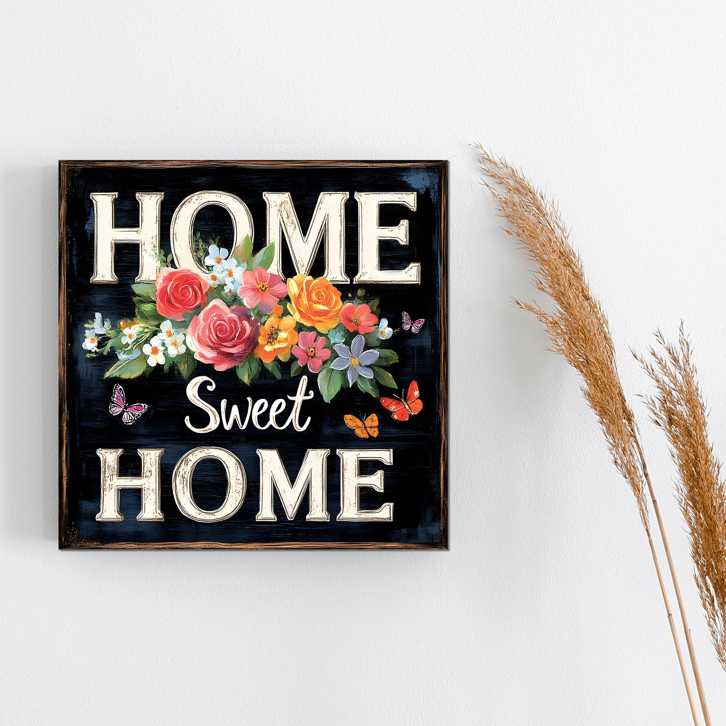 Spring Home Sweet Home Wall Decor with Floral & Butterfly Design | Rustic Farmhouse Style Canvas Art | 3 Sizes Available