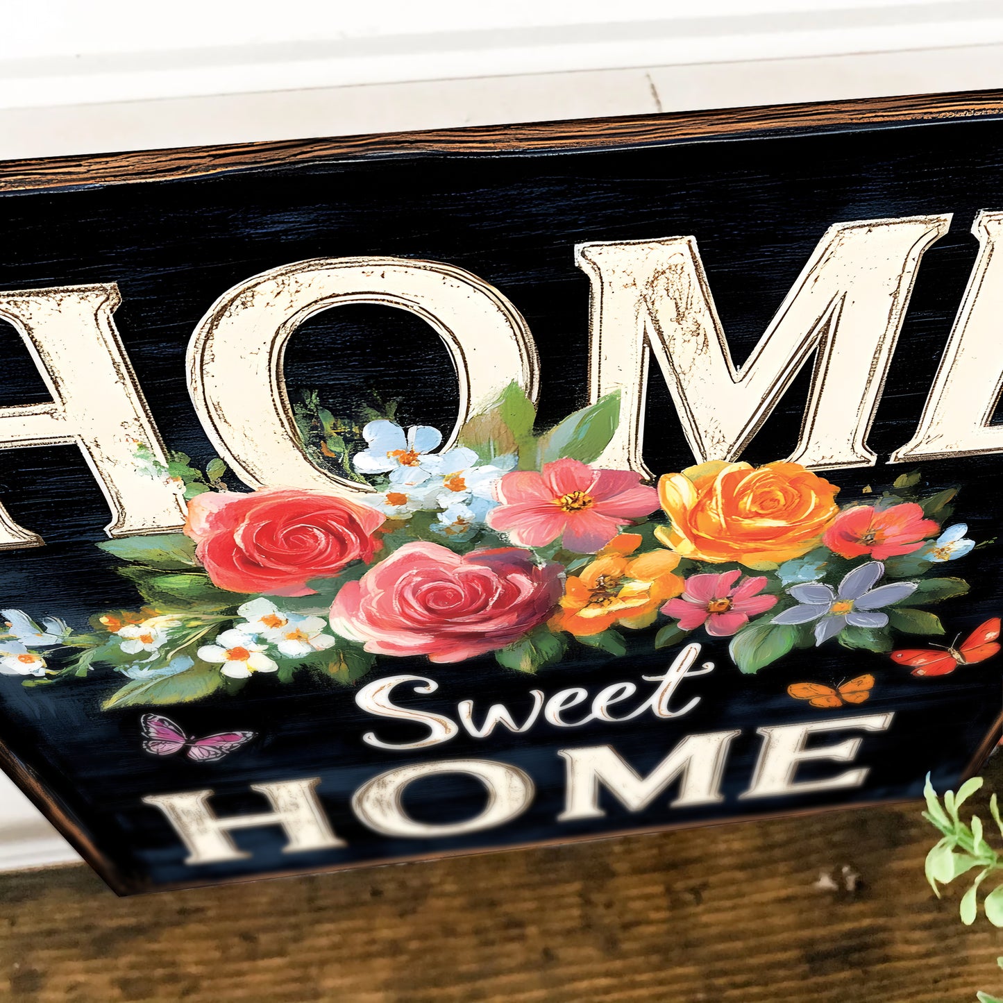 Spring Home Sweet Home Wall Decor with Floral & Butterfly Design | Rustic Farmhouse Style Canvas Art | 3 Sizes Available