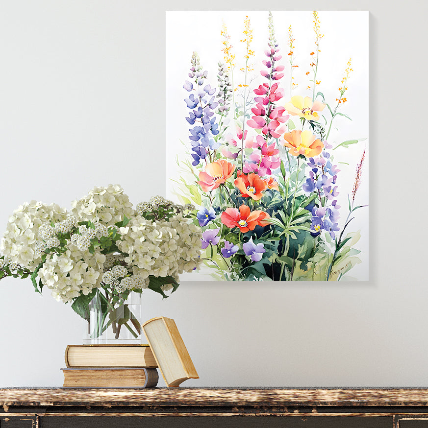 Alaskan Summer Wildflower Watercolor Art | Fireweed, Lupine, Arctic Poppy & Mountain Avens | Nature-Inspired Canvas Wall Decor | 12x16in