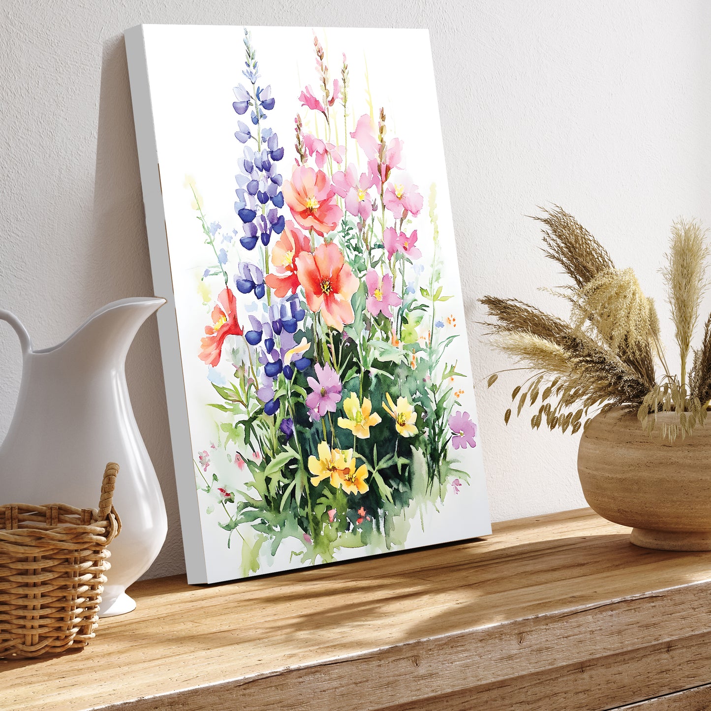 Alaskan Summer Wildflower Watercolor Art | Fireweed, Lupine, Arctic Poppy & Mountain Avens | Nature-Inspired Canvas Wall Decor | 12x16in