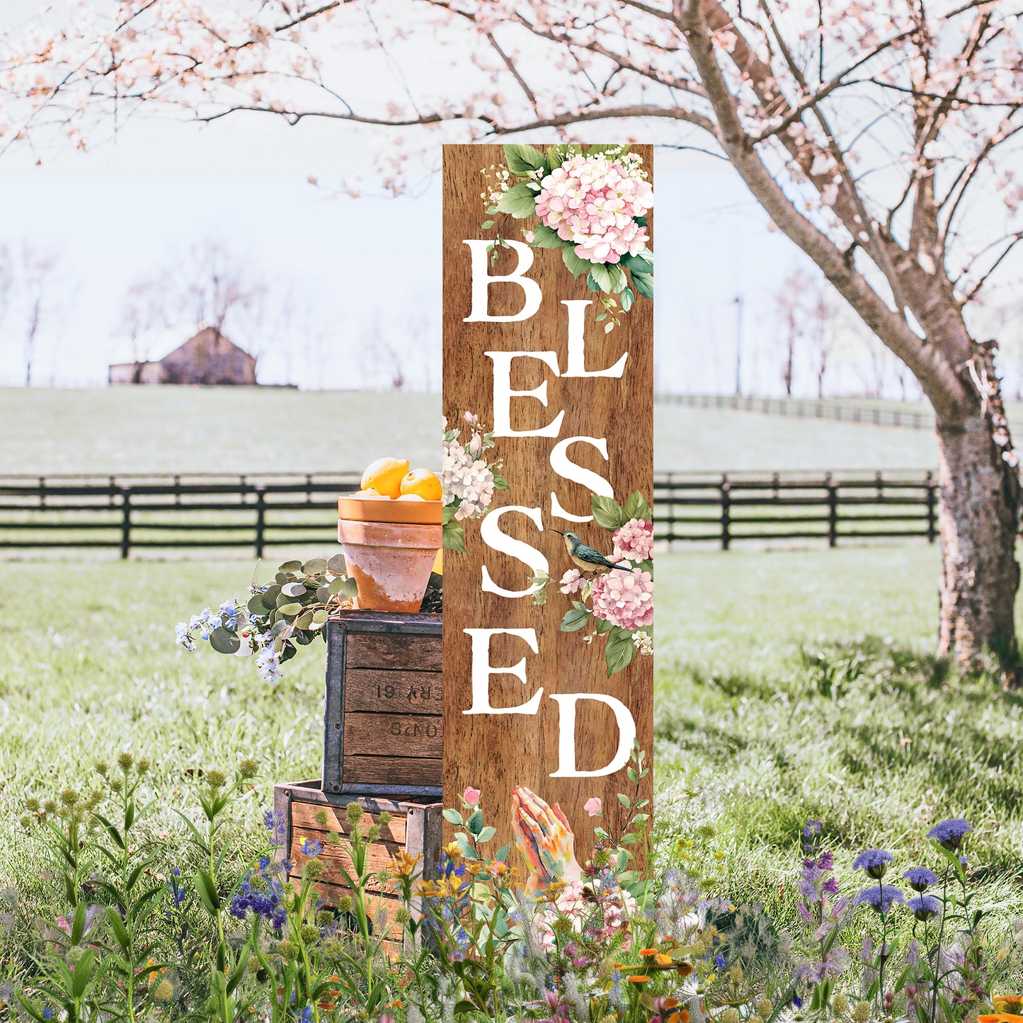 Spring Blessed Floral Porch Sign | Farmhouse Style Front Door Decor | UV Print Floral Design | 3 Sizes Available