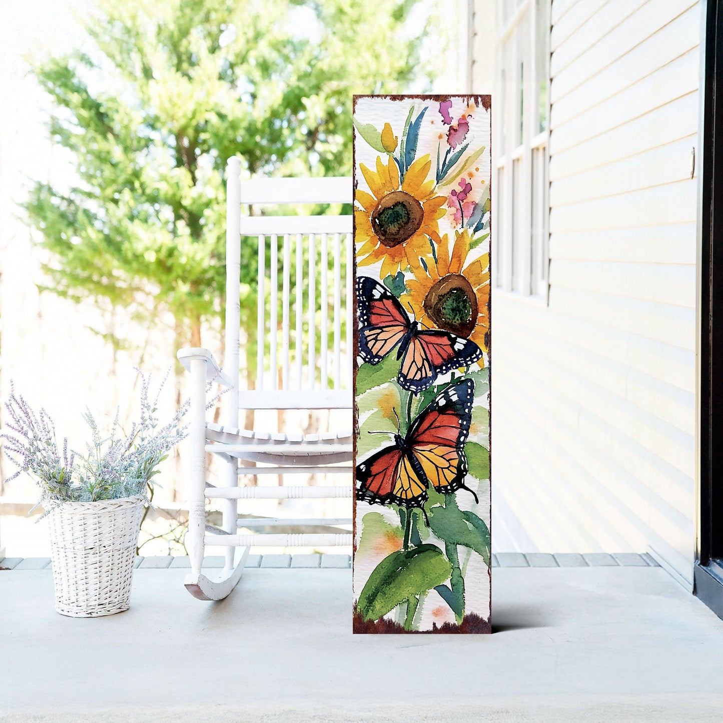 Summer Watercolor Monarch Butterfly with Sunflower Porch Sign | Multi Sizes Available | Perfect Summer Yard & Front Door Decor